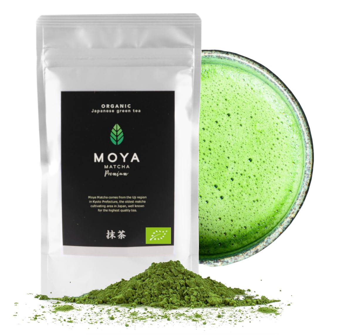 Biologische Groene Thee Moya Matcha Poeder | 100 g premium kwaliteit voor ceremonie | Biologisch geteeld en geoogst in Uji, Japan | Matcha groene theepoeder | Ideaal voor de Japanse watertheeceremonie