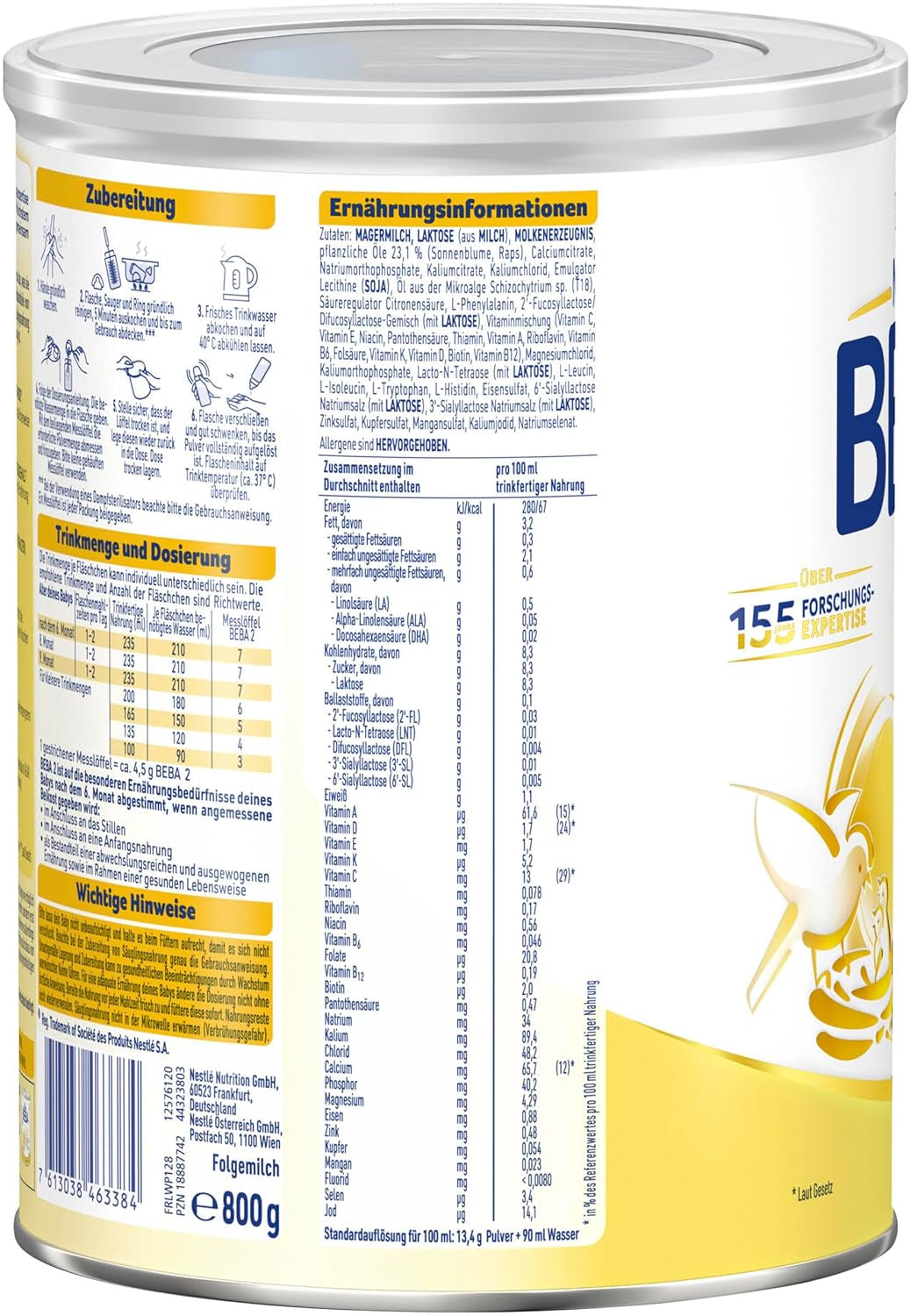 BEBA 2 - Opvolgmelk na 6 maanden, met 5 HMO-complex, leeftijdsafhankelijk eiwitgehalte, lactosevrij, palmolievrij, visolievrij, babyvoeding, babymelkpoeder, verpakking van 3 (3 x 800 g)
