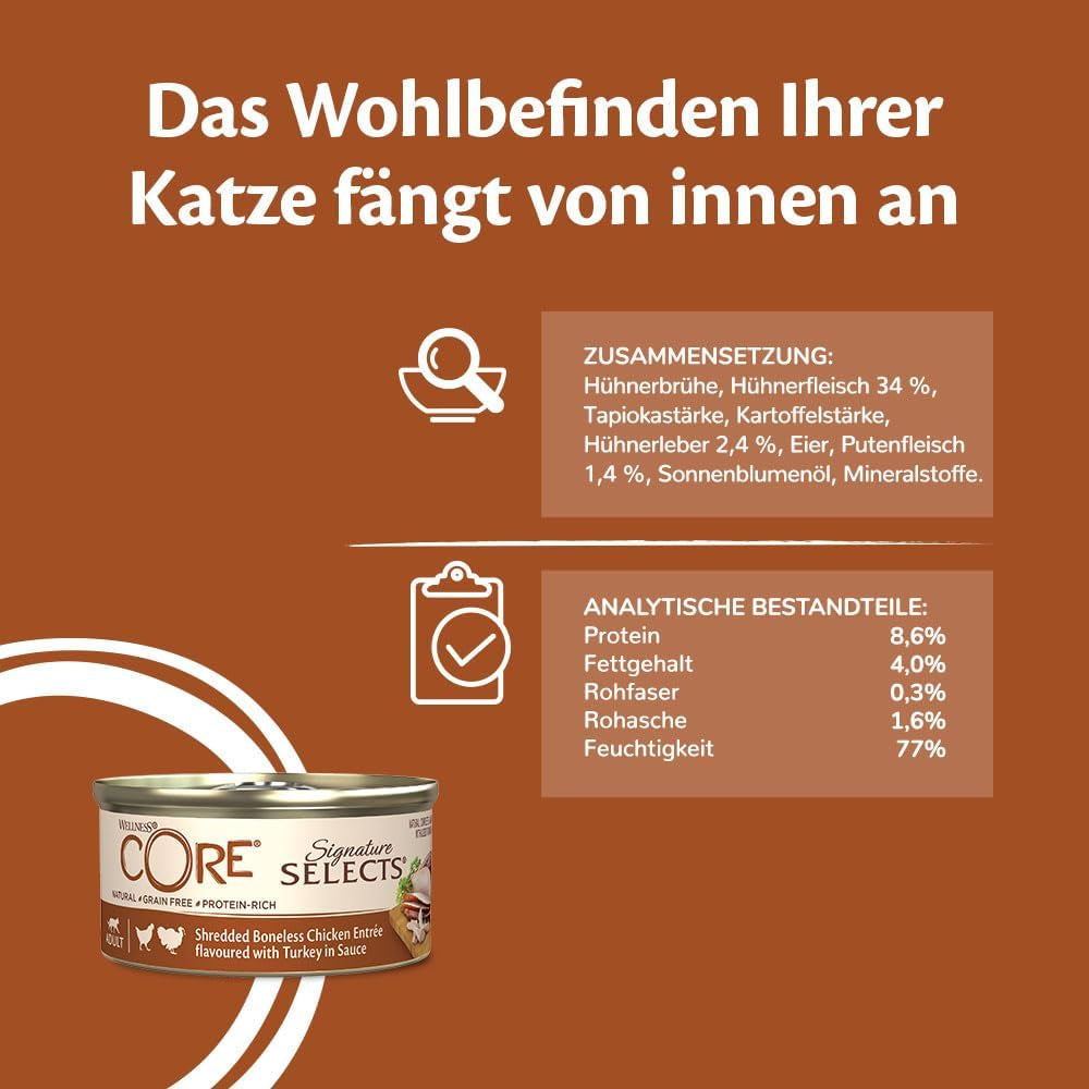 Wellness CORE Signature Selects 8 x 79g, Kip en Kalkoen Mix - Natvoer voor katten, heerlijke reepjes in saus, graanvrij, natuurlijk, hypoallergeen, rijk aan eiwitten, rijk aan vlees