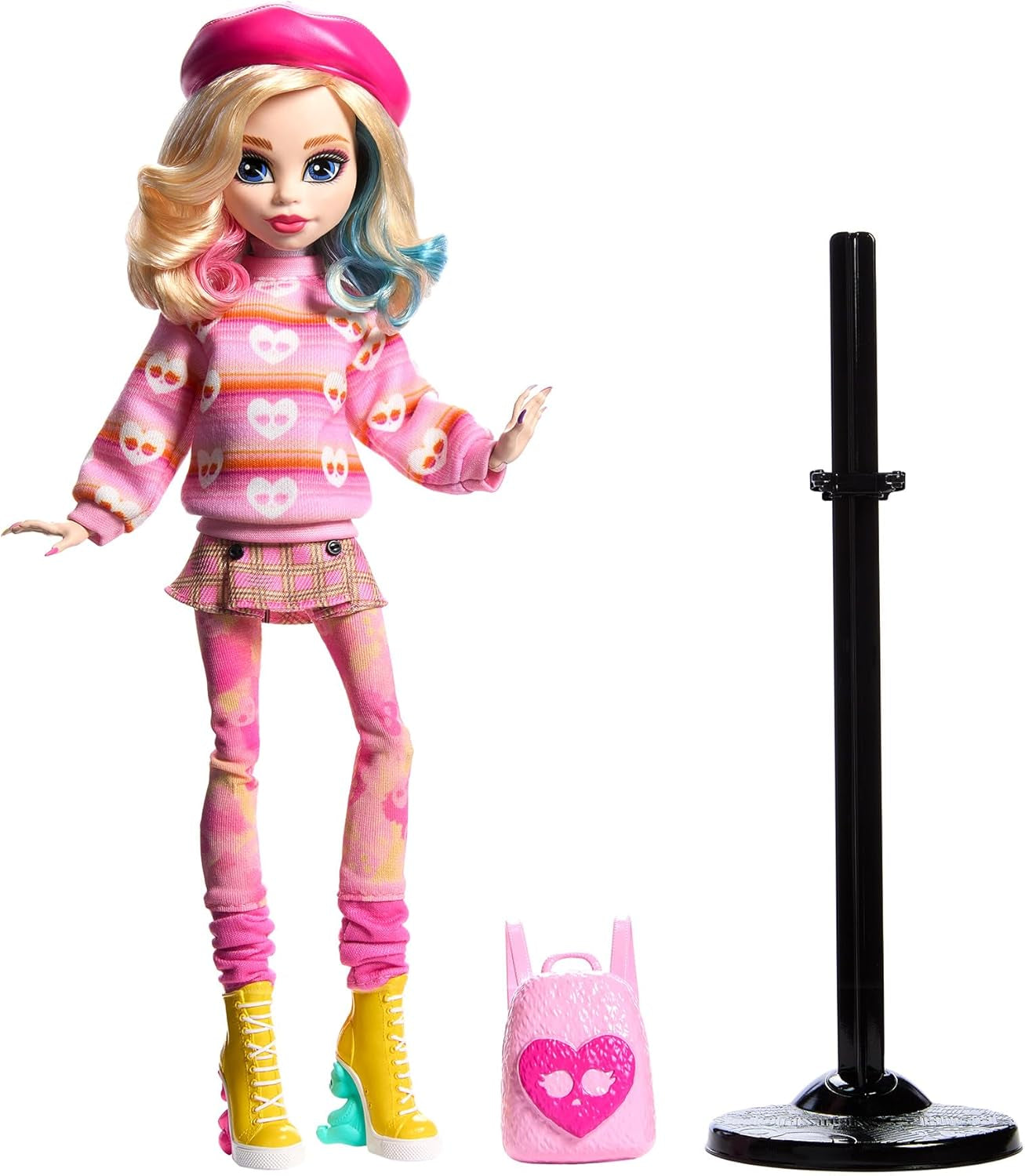 Monster High Wednesday-pop en accessoires, verzamelfiguur Enid Sinclair in roze met baret en rugzak, poppenstandaard, HXJ05 Naty Shop-poppen