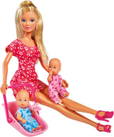 Simba 105730211 - Steffi Love Nanny, met twee baby's, draagzak en autostoeltje, accessoires, aankleedpop, 29 cm, voor kinderen vanaf 3 jaar