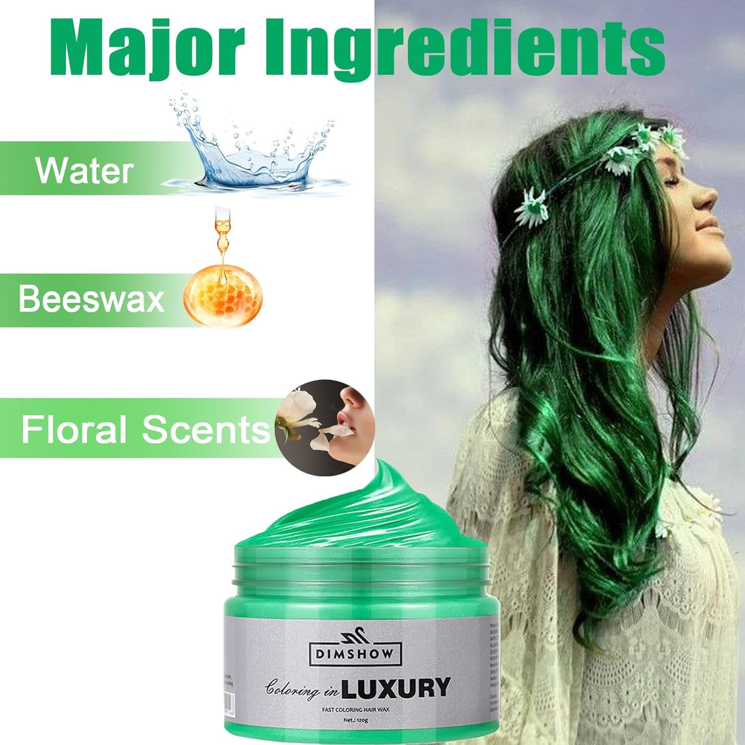 Groene tijdelijke haarwas, gekke groene tijdelijke haarspray, wasbare semi-permanente modder, eenmalige haarkleuring, instant styling haarpasta modder, natuurlijke haarkleur voor feesten, activiteiten en Halloween Naty Shop haarverf