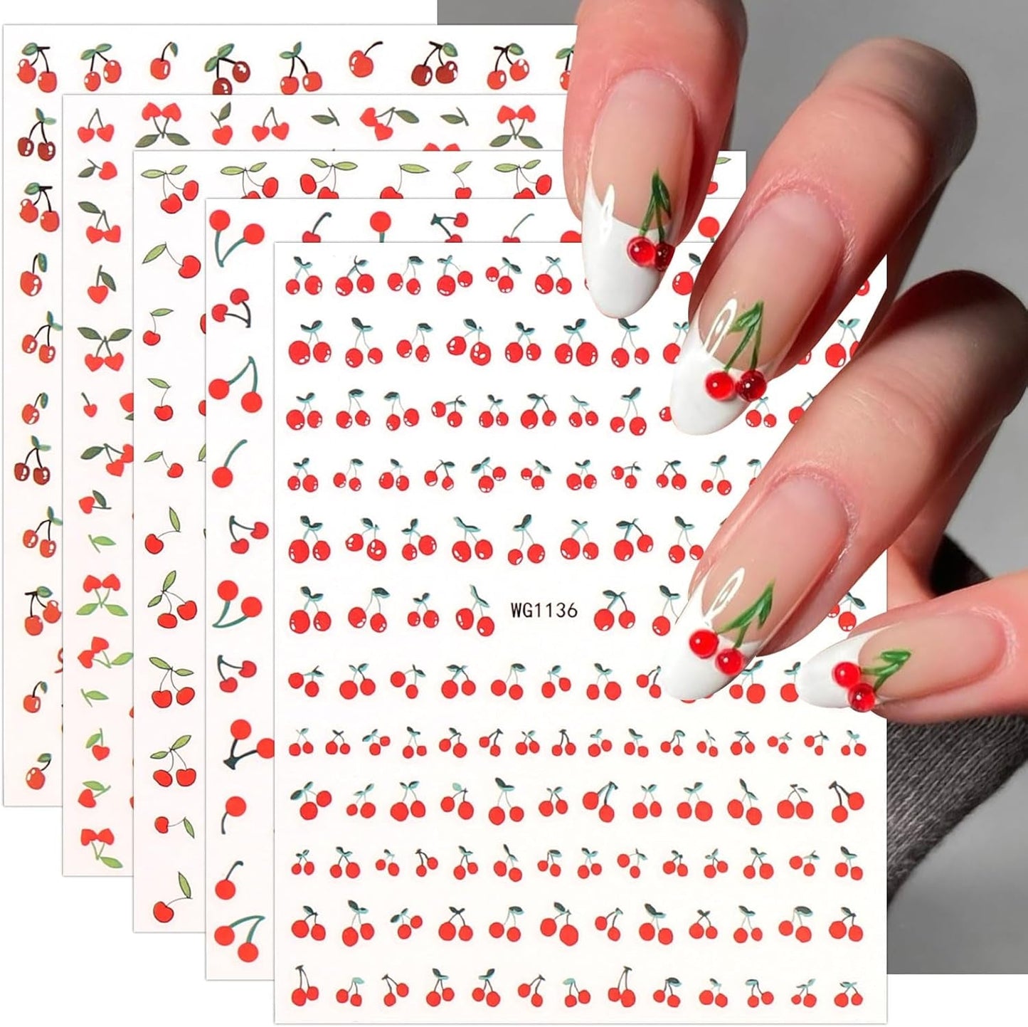 JMEOWIO Nagelsticker Kirschfrucht 6 Blatt Nail Art Sticker Selbstklebend Nagelaufkleber Decoratie Nageldesign Zubehör