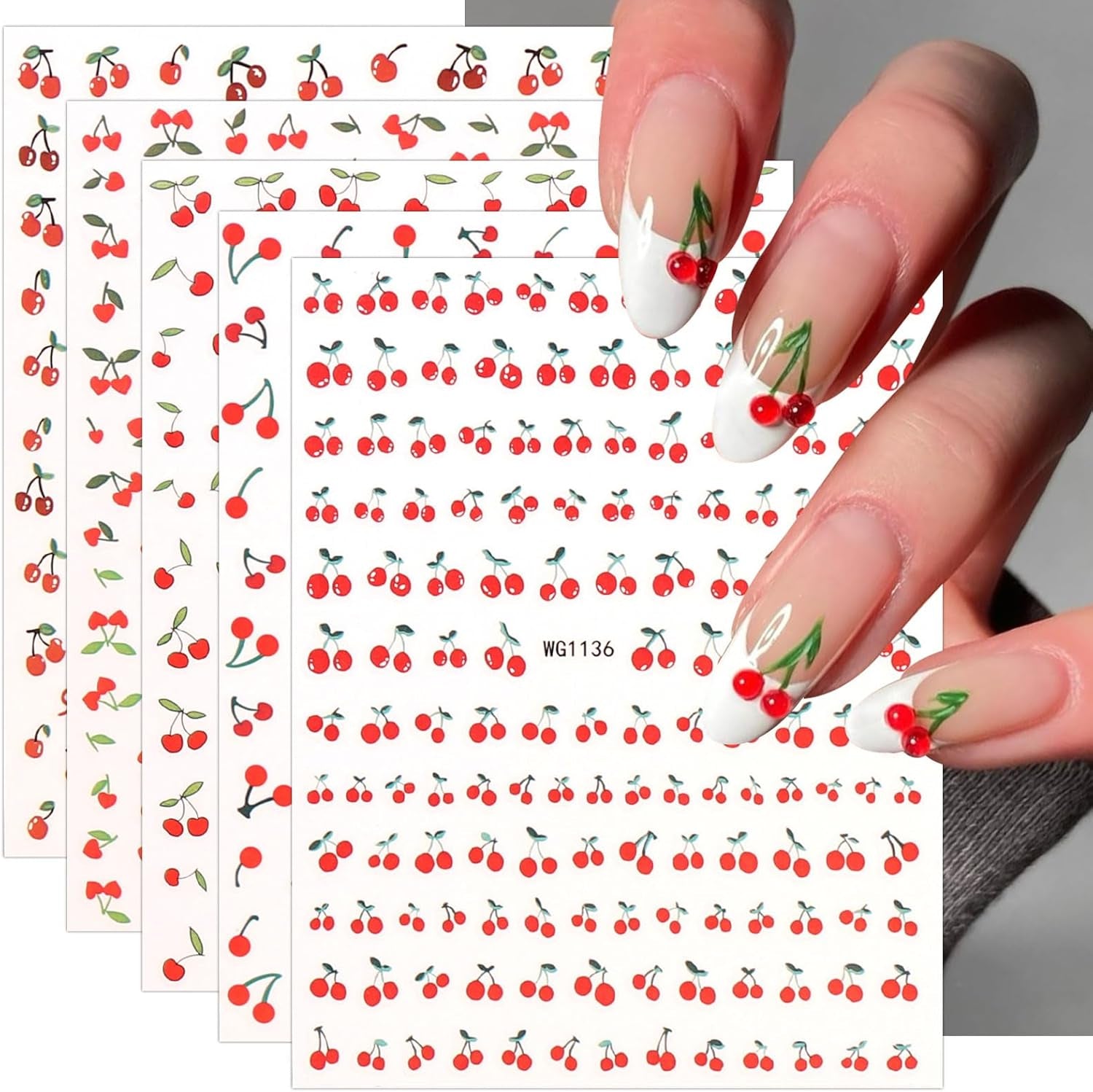 JMEOWIO Nagelsticker Kirschfrucht 6 Blatt Nail Art Sticker Selbstklebend Nagelaufkleber Decoratie Nageldesign Zubehör