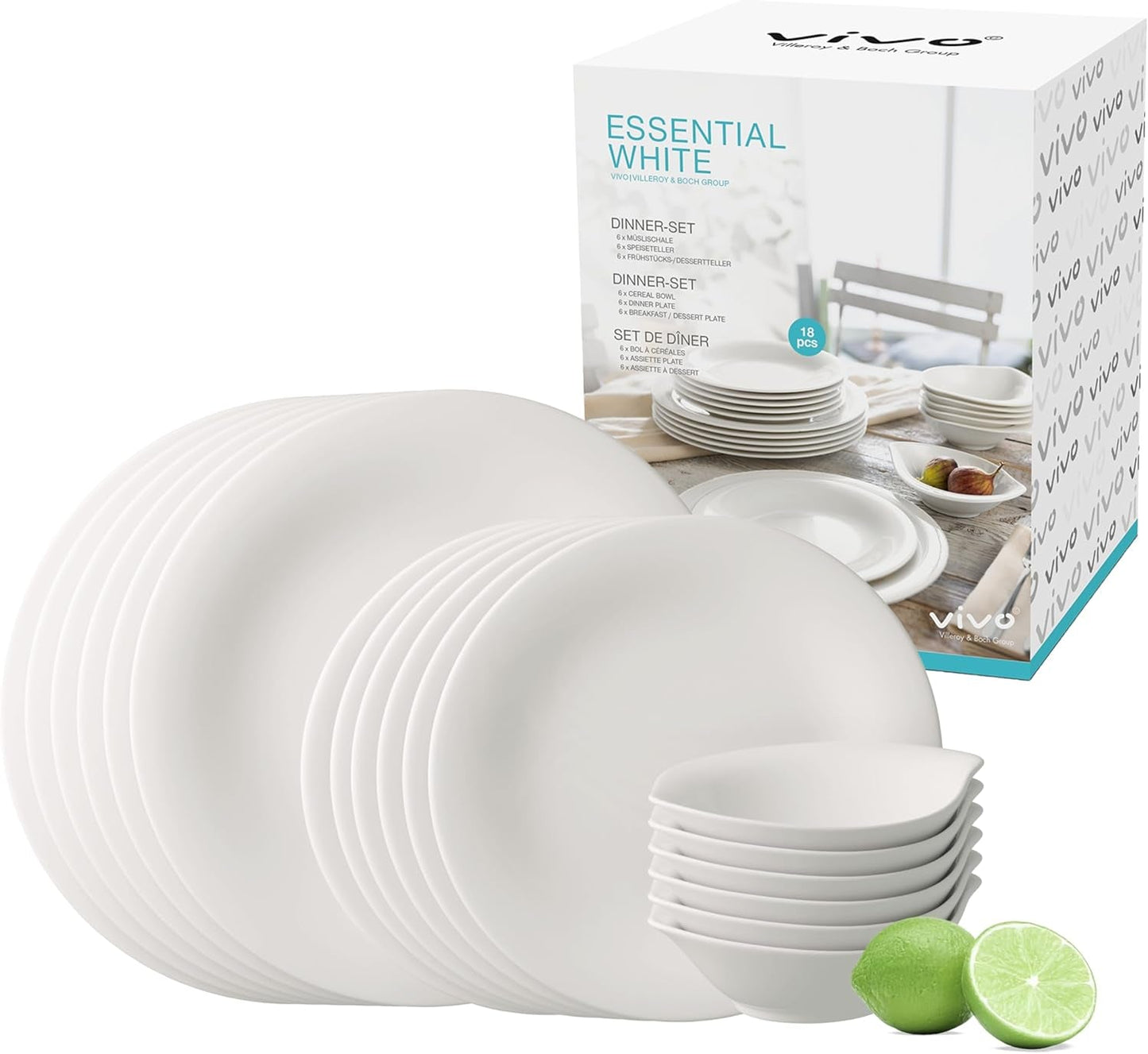 vivo - Villeroy & Boch Groep – Essential Witte Dinerset 18 tlg. Weiß, Spülmaschinenfest, Mikrowellensicher, Geschirr Set für 6 Personen, Müslischalen, Speiseteller, Dessertteller, Premium Porzellan