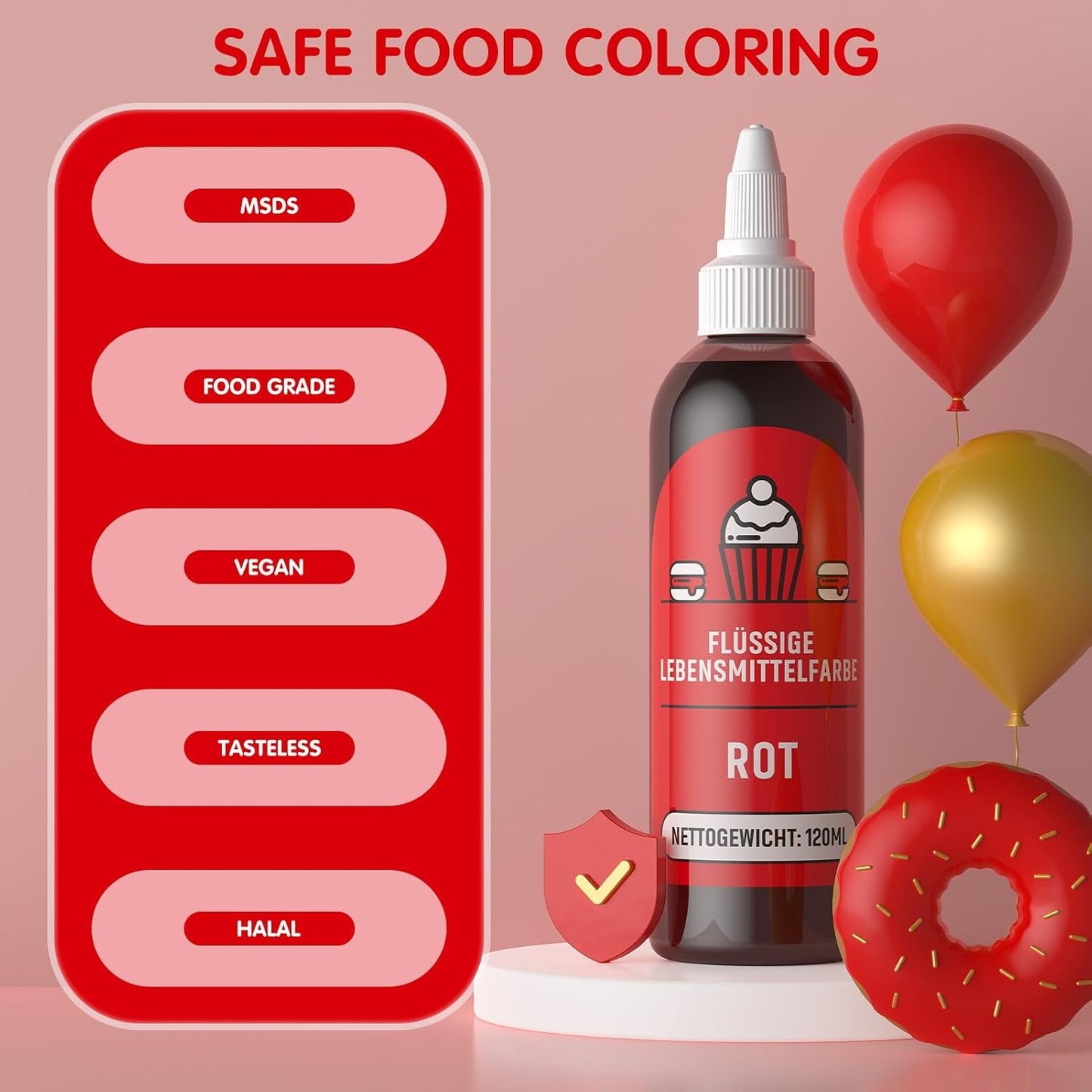 Rode kleurstof 120 ml, zeer geconcentreerde en suikervrije vloeibare kleurstof voor bakken, cakes, bitterkoekjes, glazuur, fondant, koekjes, donuts