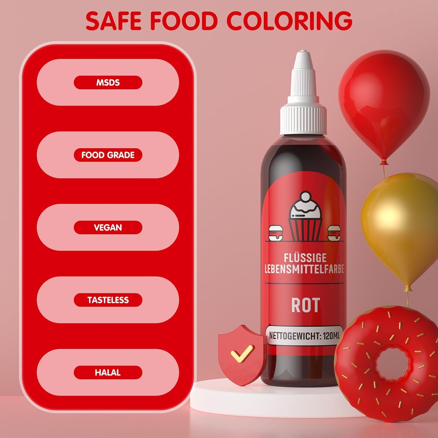 Rode kleurstof 120 ml, zeer geconcentreerde en suikervrije vloeibare kleurstof voor bakken, cakes, bitterkoekjes, glazuur, fondant, koekjes, donuts