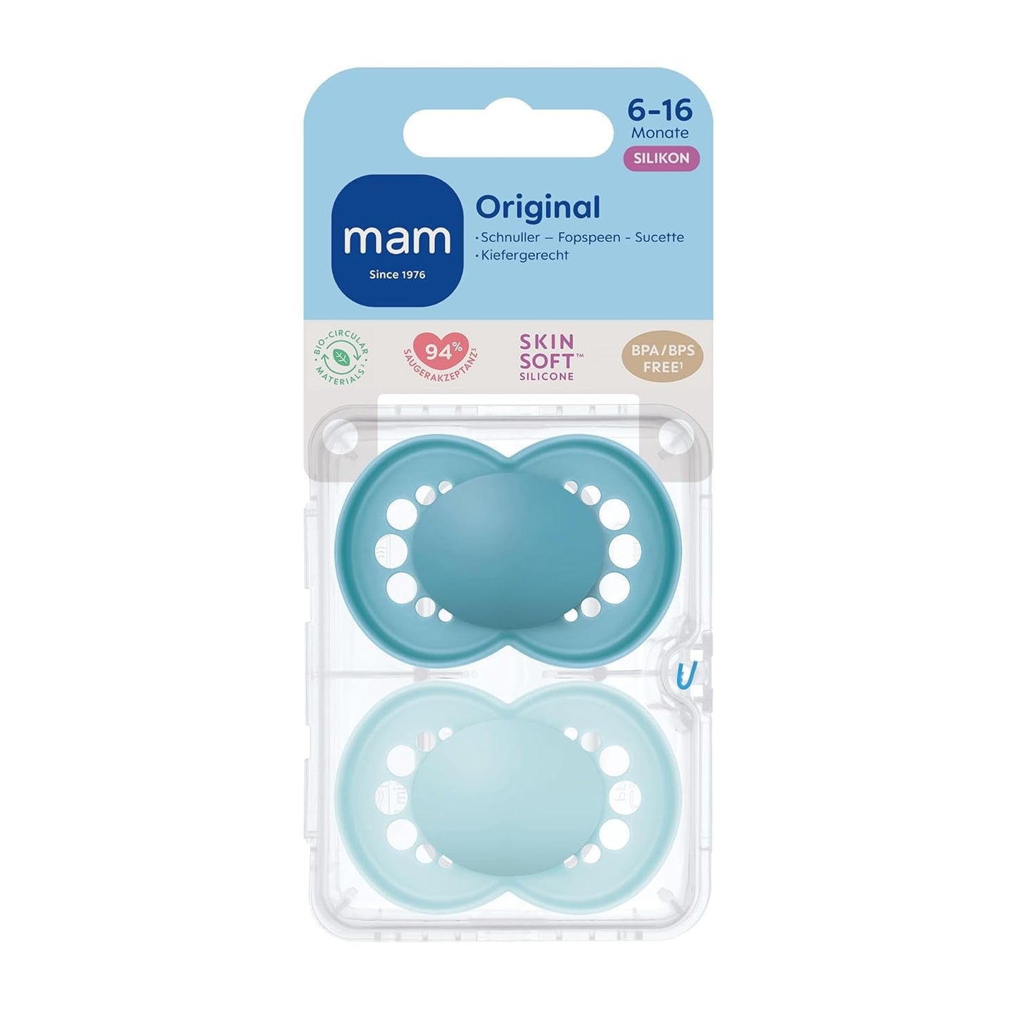 MAM Originele fopspenen, 2-pack, tandvriendelijke babyfopspenen, gemaakt van duurzame en biologisch regenereerbare materialen, MAM SkinSoft siliconen spenen, met fopspeendoos, 6-16 maanden, blauw/lichtblauw
