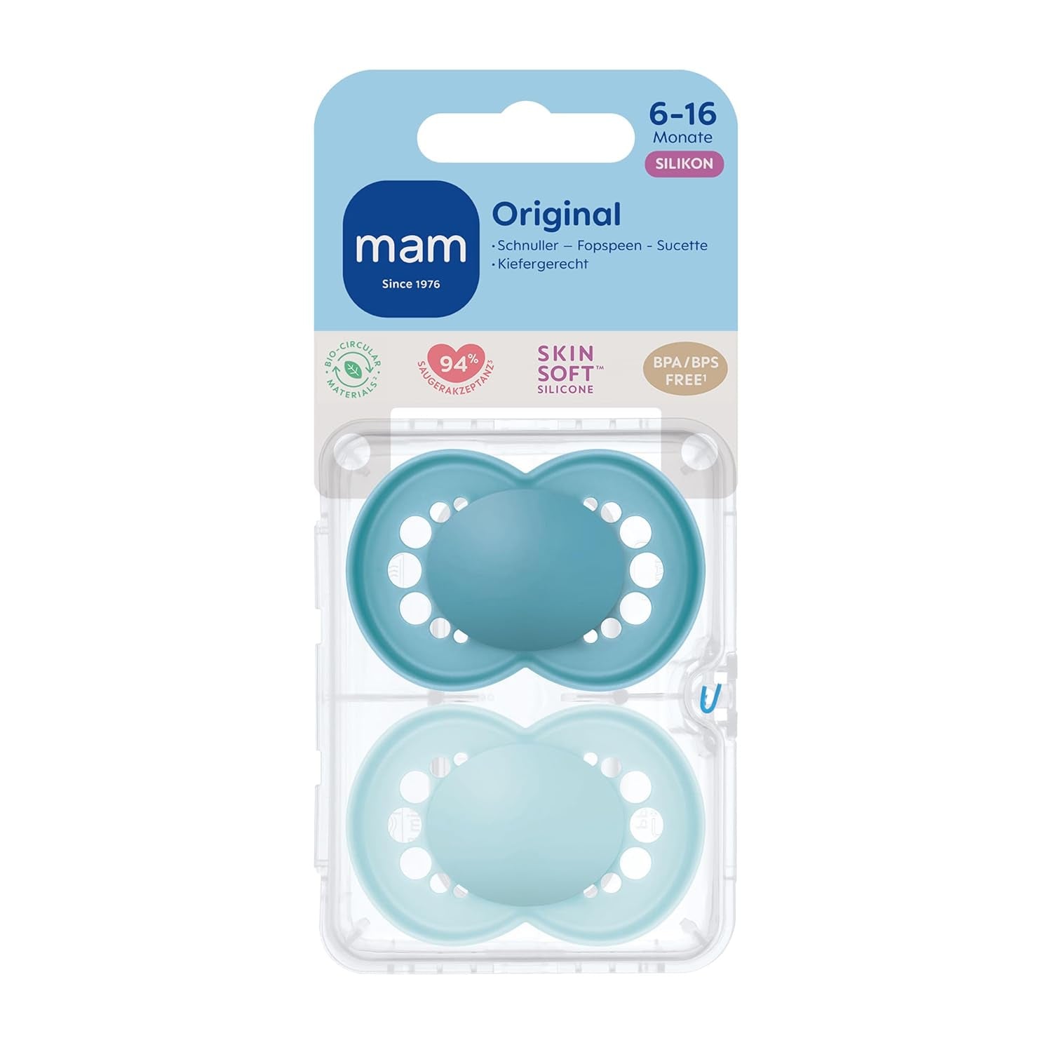 MAM Originele fopspenen, 2-pack, tandvriendelijke babyfopspenen, gemaakt van duurzame en biologisch regenereerbare materialen, MAM SkinSoft siliconen spenen, met fopspeendoos, 6-16 maanden, blauw/lichtblauw