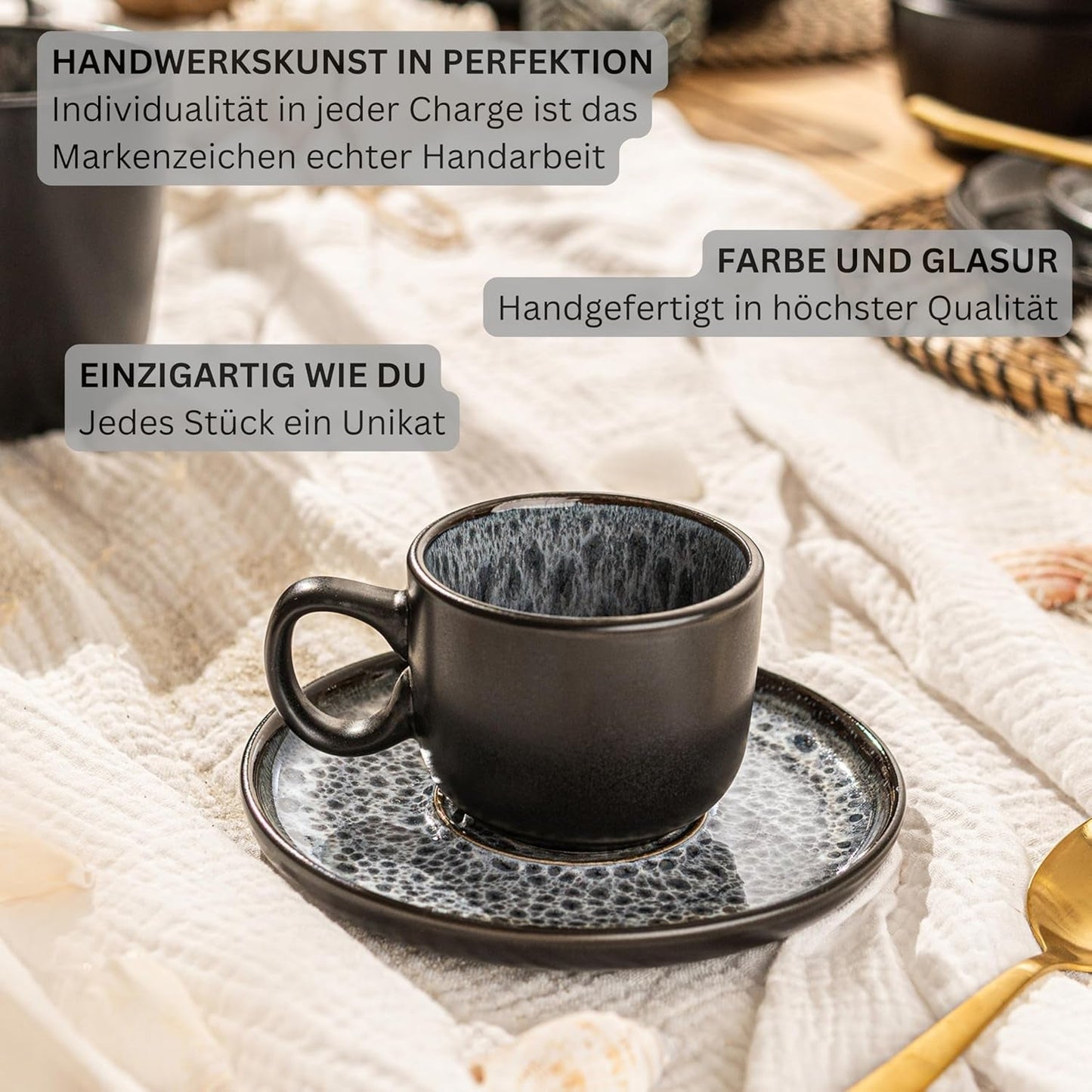 ZANGER Sydney | Keramische espressokopjes set van 12, mokka kopjes set voor 6, kop en schotels, vaatwasmachine- en magnetronbestendig, donkergrijs, 80 ml | DE WAARDE-COLLECTIE