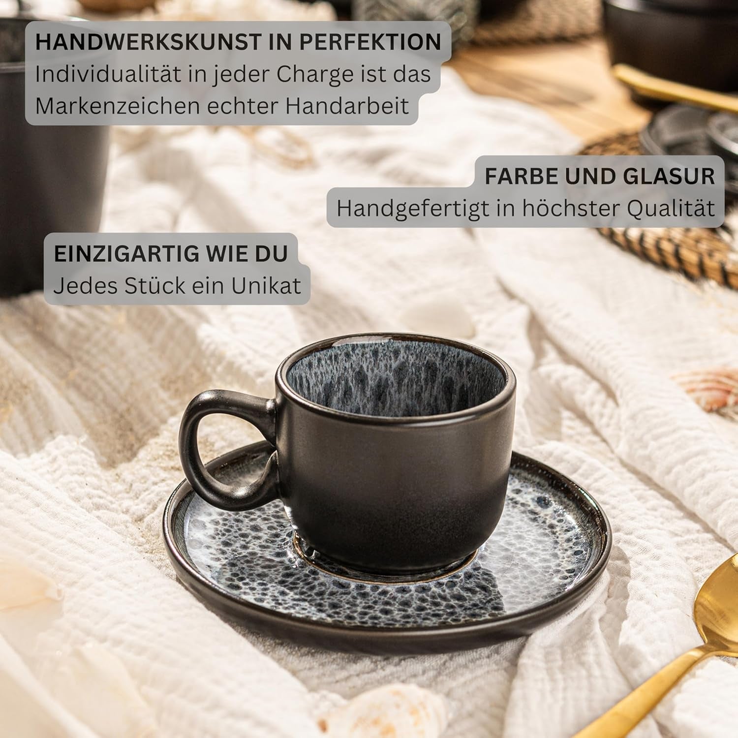 ZANGER Sydney | Keramische espressokopjes set van 12, mokka kopjes set voor 6, kop en schotels, vaatwasmachine- en magnetronbestendig, donkergrijs, 80 ml | DE WAARDE-COLLECTIE