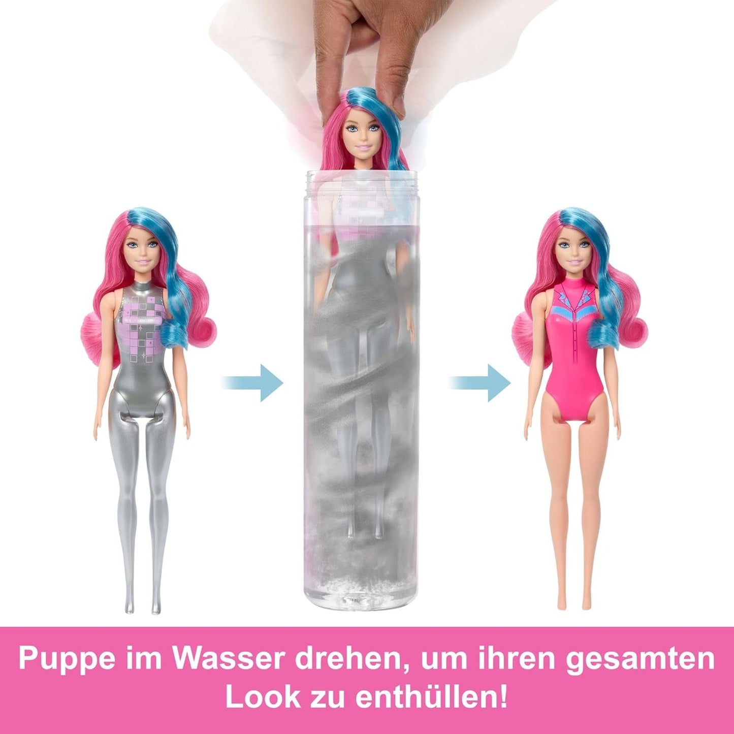 Barbie Kleuronthullingspop en accessoires met 6 verrassingen, Disco Star-serie met metallic glitter en van kleur veranderende bovenkant (stijlen kunnen variëren), JCP01, 32 cm