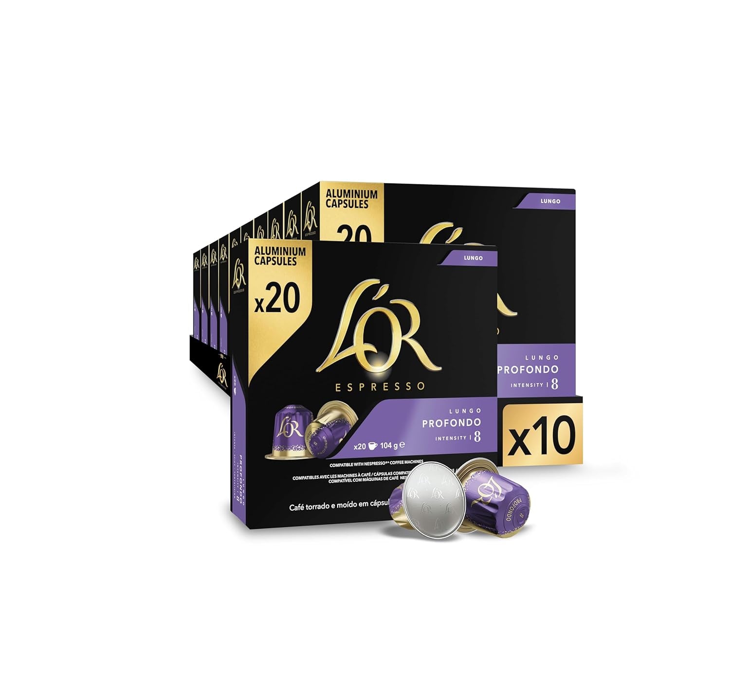 L'OR Espresso Koffiecups Lungo Profondo (200 Lungo Koffie Capsules, Gesicht voor Nespresso* Koffiemachines, Intensiteit 08/12, 100% Arabica Koffie, UTZ Gecertificeerd), 10 x 20 Kopjes