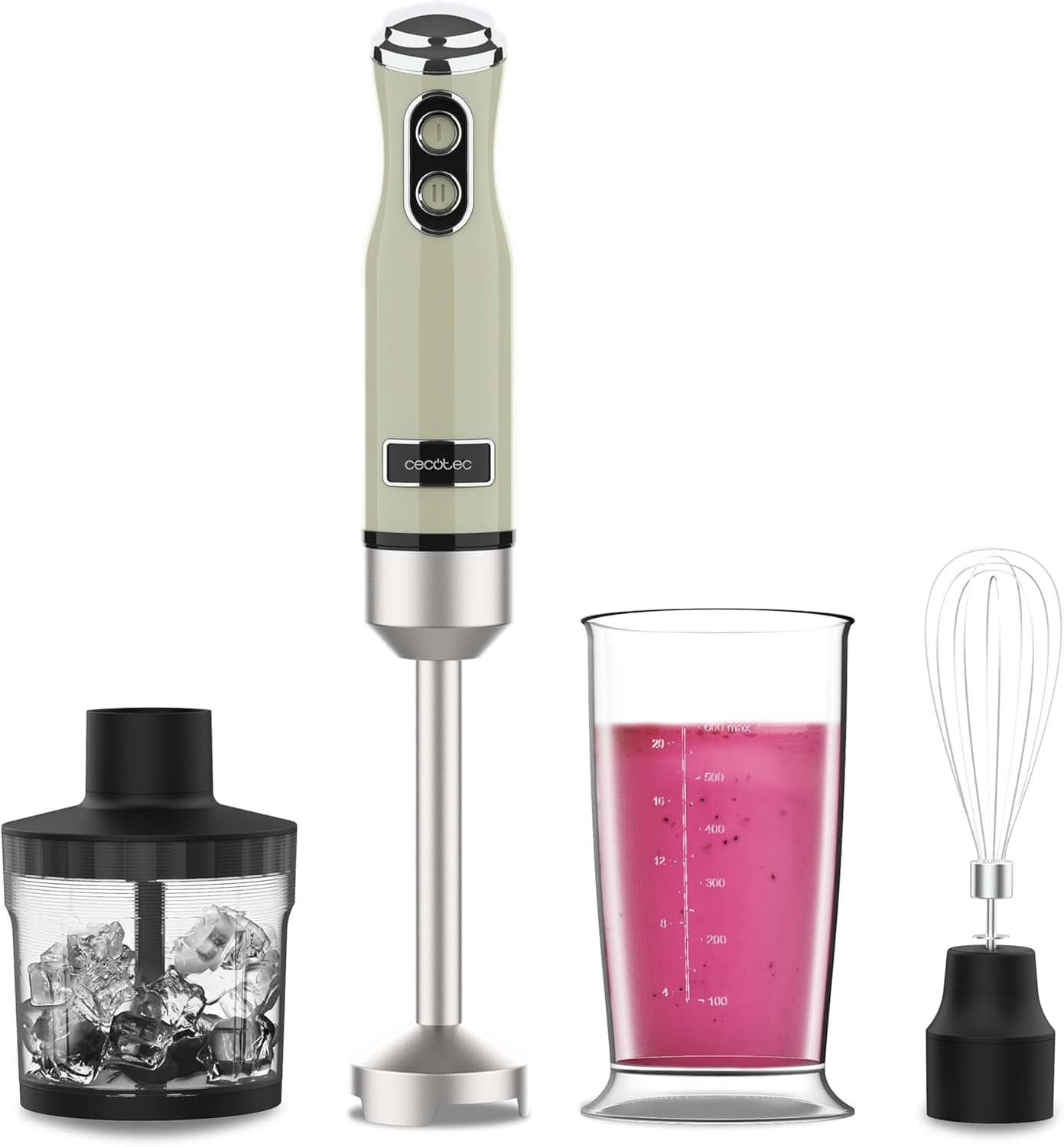 Cecotec Stabmixer Power Retrogreen 1200MAX Cream&Crush, Maximalleistung 1200 W, Crossblades-technologie, 2 snelheden, Zubehörset Spülmaschinenfest, Spritzschutzhaube Kitchen Naty Shop