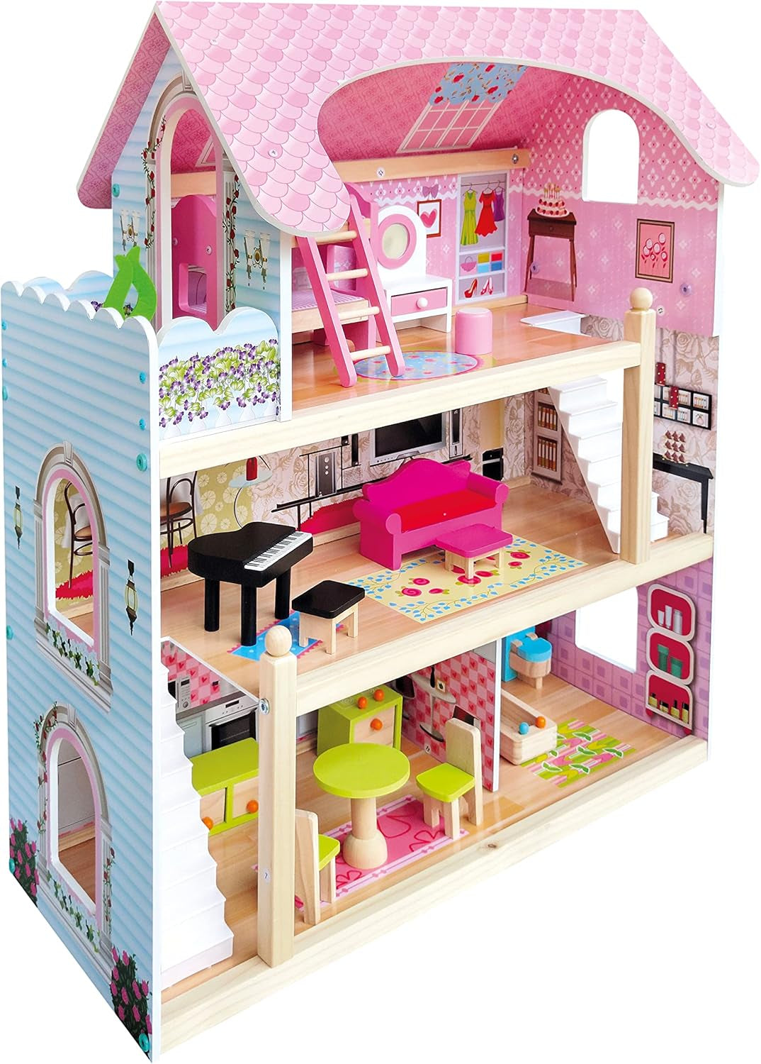 Bino World of Toys Poppenhuis met balkon, Speelgoed voor peuters vanaf 3 jaar, met 3 verdiepingen, trappen, 4 kamers en balkon incl. 15-TLG. Accessoires, Om de vaardigheden van kinderen te bevorderen, Roze design Naty Shop poppenhuizen