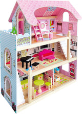 Bino World of Toys Poppenhuis met balkon, Speelgoed voor peuters vanaf 3 jaar, met 3 verdiepingen, trappen, 4 kamers en balkon incl. 15-TLG. Accessoires, Om de vaardigheden van kinderen te bevorderen, Roze design Naty Shop poppenhuizen