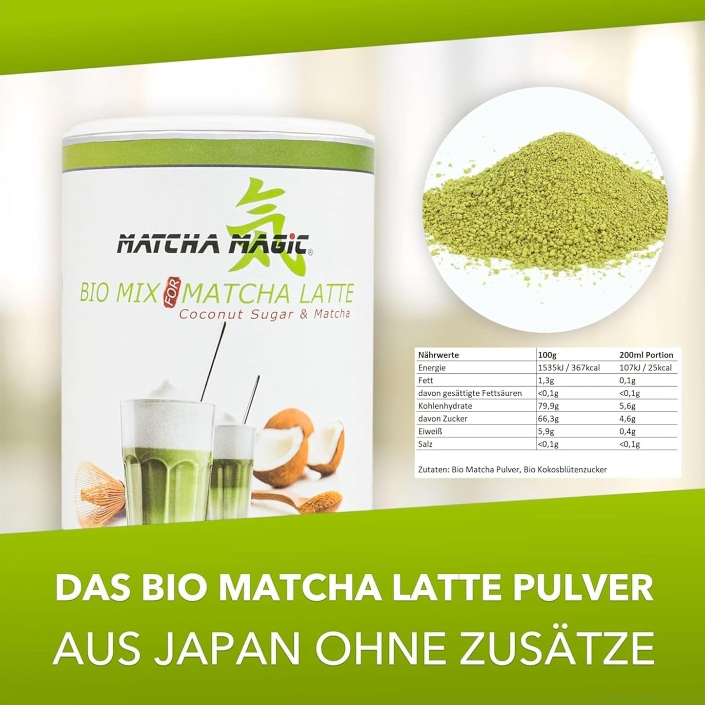 Matchamagic - Biologisch matcha latte poeder uit Japan met kokosbloesemsuiker voor een heerlijke thee