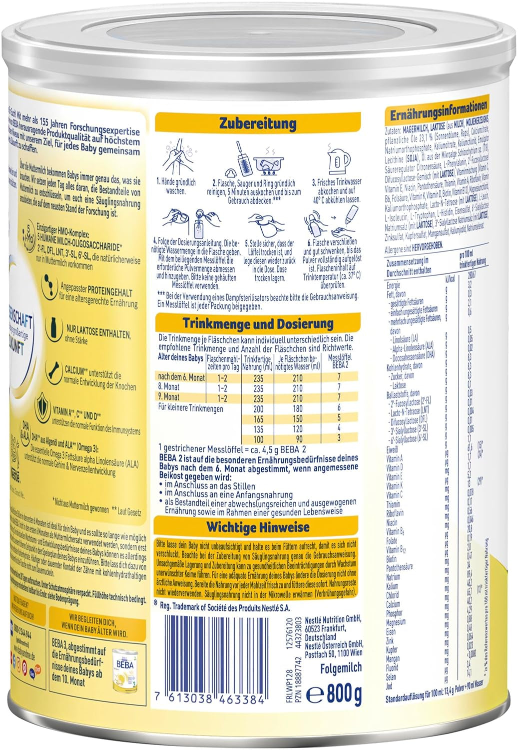 BEBA 2 - Opvolgmelk na 6 maanden, met 5 HMO-complex, leeftijdsafhankelijk eiwitgehalte, lactosevrij, palmolievrij, visolievrij, babyvoeding, babymelkpoeder, verpakking van 3 (3 x 800 g)