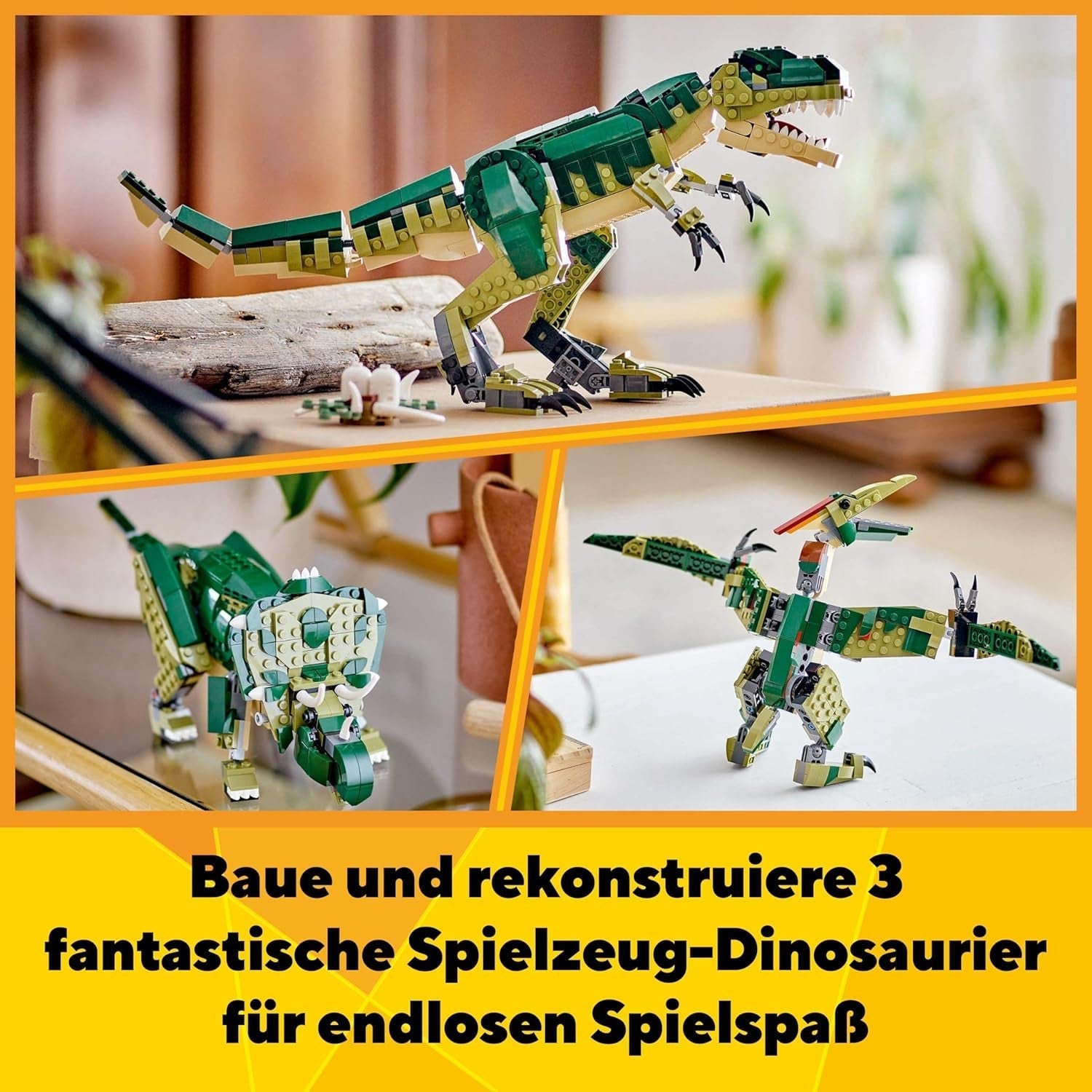 LEGO Creator T.Rex, Dino 3-in-1 transformeerbare Triceratops of Pterodactyl, mobiel dinosaurusmodel voor kinderen, cadeau voor jongens en meisjes 31151 Bouwsets