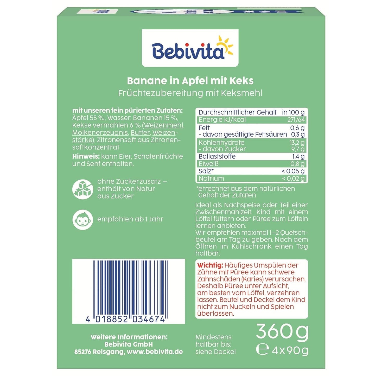 Banaan in Appel met Koekjesverpakking - 16 stuks (4 pakken, elk 4 x 90 g), zonder toegevoegde suiker, gemaakt van mild fruit en gezonde granen, ideaal voor afhaal- en onderweg-snacks