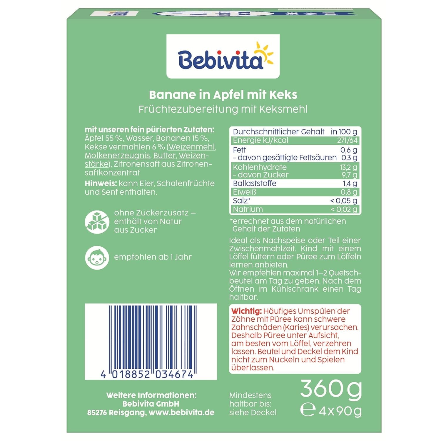 Banaan in Appel met Koekjesverpakking - 16 stuks (4 pakken, elk 4 x 90 g), zonder toegevoegde suiker, gemaakt van mild fruit en gezonde granen, ideaal voor afhaal- en onderweg-snacks