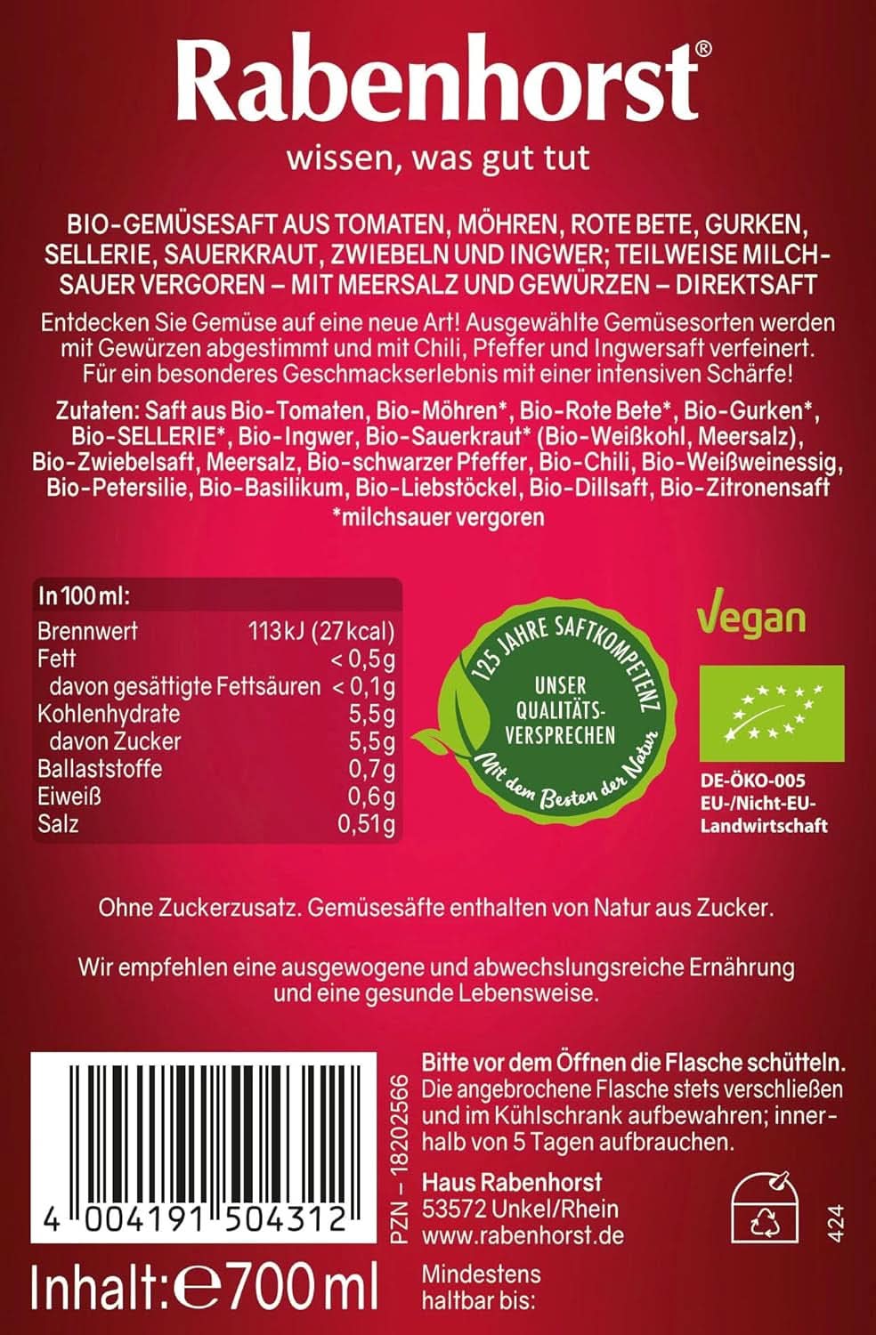 RABENHORST (6 x 700 ml) - Hoogwaardig groentesap van diverse groenten met een intens pittige smaak Alcoholvrije dranken Naty Shop