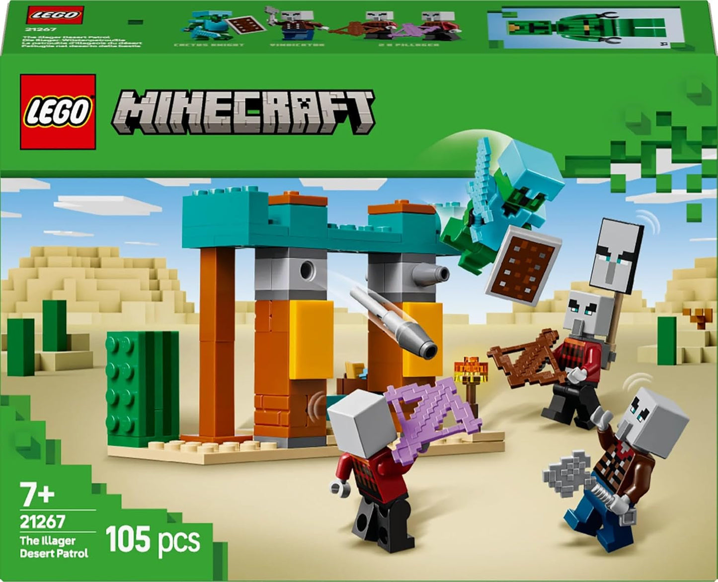LEGO Minecraft The Illager Desert Patrol videogameset voor kinderen, buitenpost minispeelgoed en drie minifiguren, waaronder Plunderer, Dienaar en Cactus Knight 21267 Bouwsets