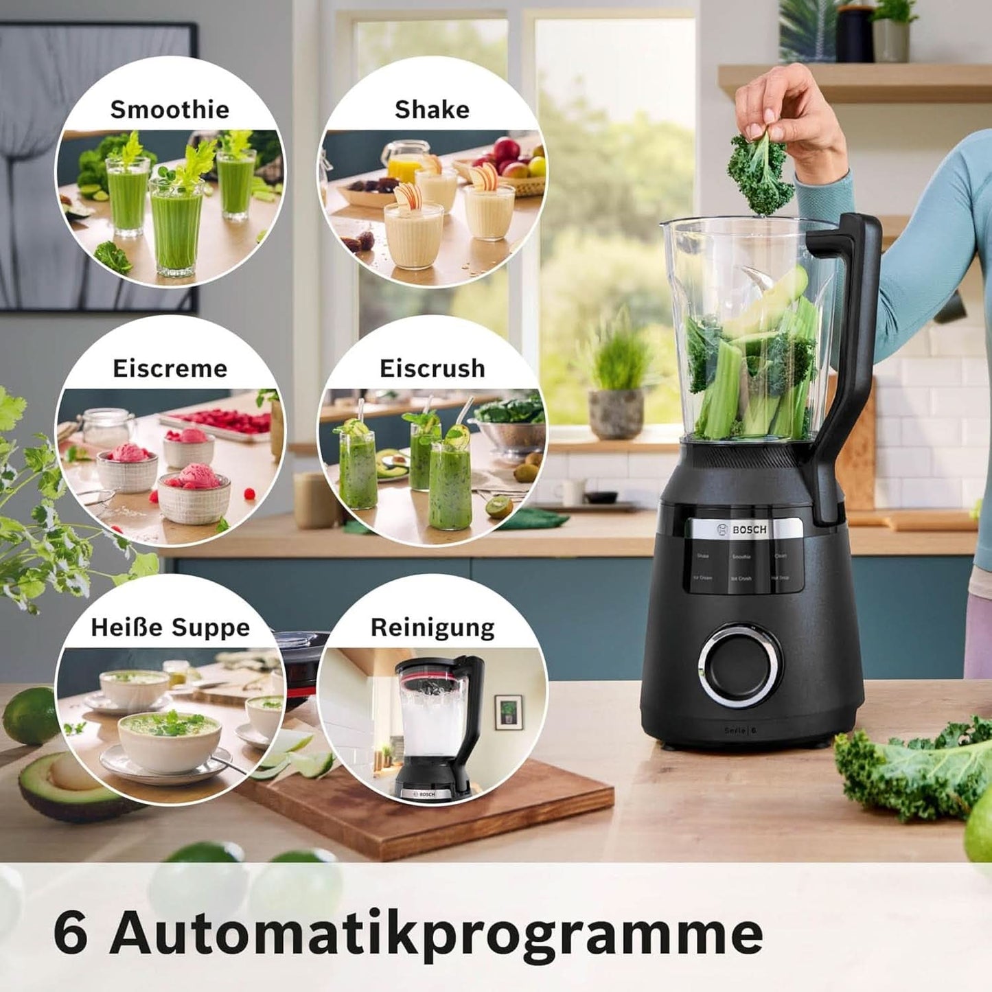 Highspeed-Standmixer Vitapower Serie 6 MMBD665B1, 45.000 U/Min, 6 Programma's Inkl Heiße Suppe & Reinigung, 2 L Mixbehälter, Stopfer, Spülmaschinenfeste Teile, Made in Europe, 1800W, Schwarz Kitchen Naty Shop