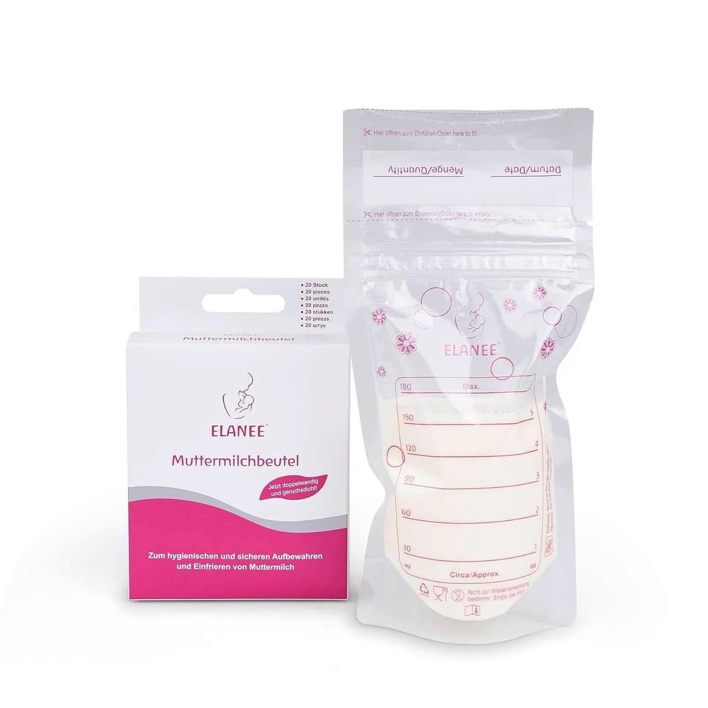 ELANEE Muttermilchbeutel, Aufbewahren & Einfrieren Von Muttermilch, Geschmackneutral Und Vorsterilisiert, Doppelter Sicherheitsverschluss, 20 Stück, Mit Standfuß (711-00) Accessoires voor babyvoeding en borstvoeding Naty Shop