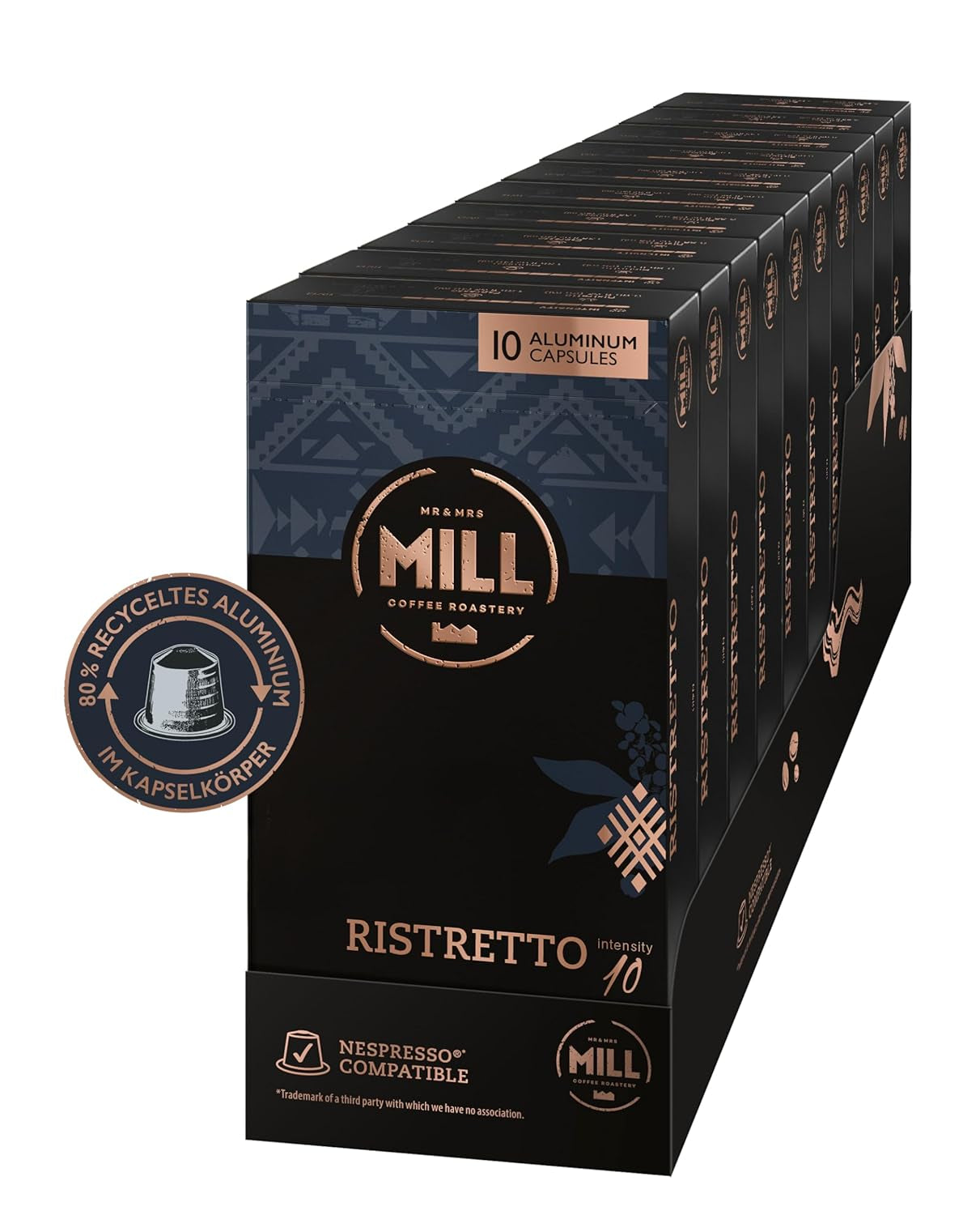 Kaffeekapseln Ristretto, 100 Kapseln für Kapselmaschinen (10x10), 80% gerecycled aluminium in Kapselkörper