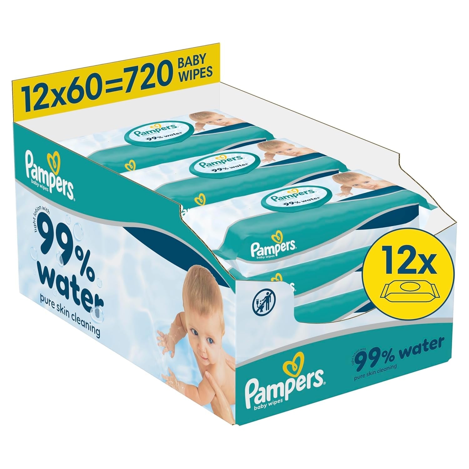 Pampers 99% water-babydoekjes, 12 pakjes van 60 doekjes = 720 babydoekjes, lichte lotion 99% water