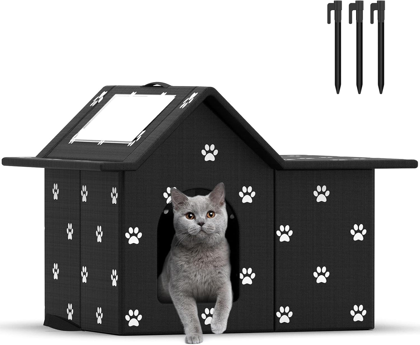 Katzenhaus Für Draußen Winterfest, Haus für verwilderde Katzen mit abnehmbaren Kissen, Winterschutz für Haustiere mit Türvorhängen, einfach zu monieren