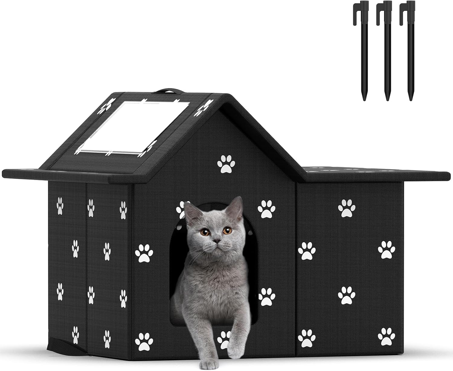 Katzenhaus Für Draußen Winterfest, Haus für verwilderde Katzen mit abnehmbaren Kissen, Winterschutz für Haustiere mit Türvorhängen, einfach zu monieren