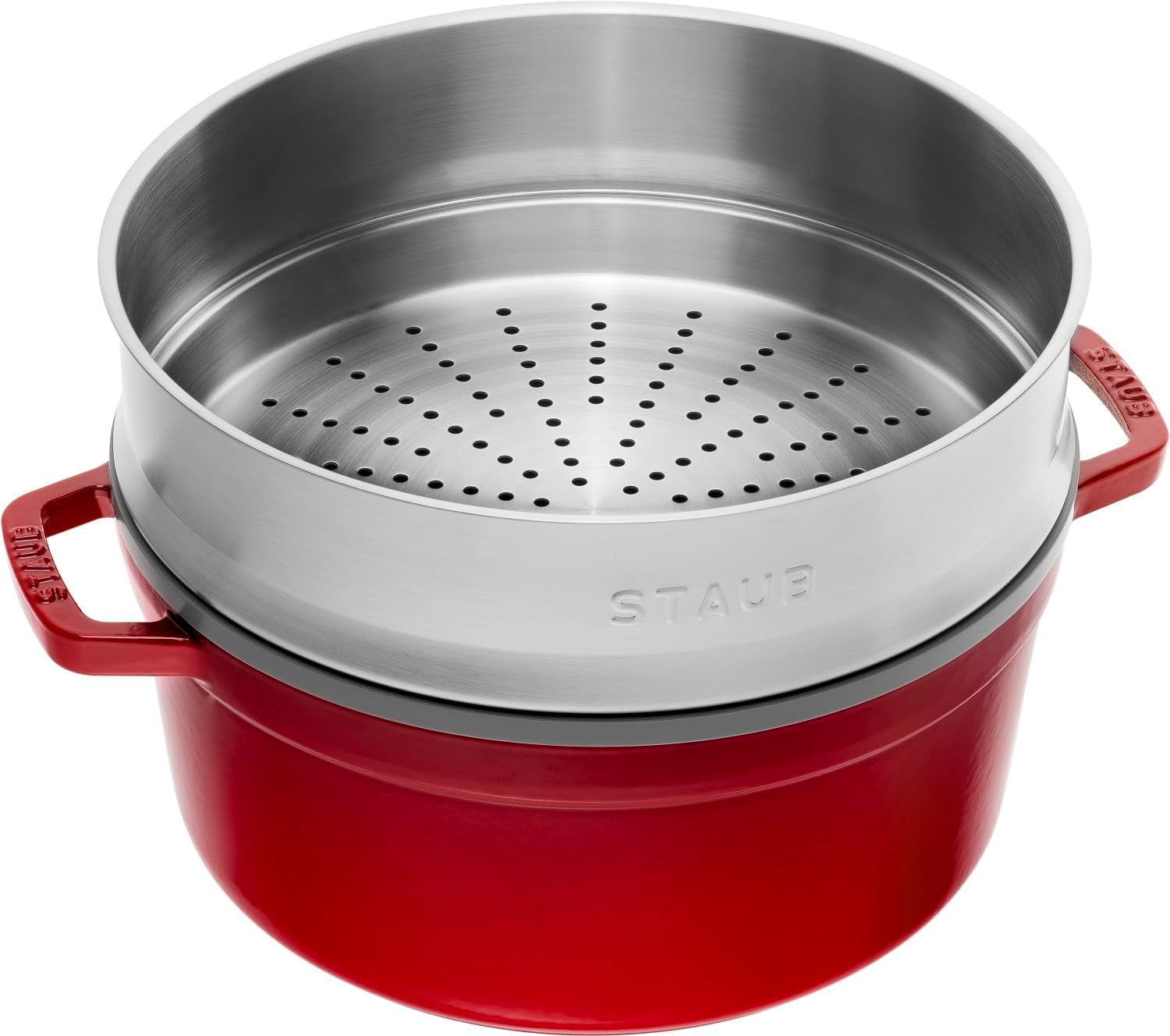 STAUB Gusseisen Bräter/Cocotte, Mit Dämpfeinsatz Aus Edelstahl, Rund 26 Cm, 5,2 L, Aromaregen-functie voor optimale werking, voor alle herdarten Inkl. Induktion & Backofen, Kirschrot, Rot Vormen en bakplaten Naty Shop