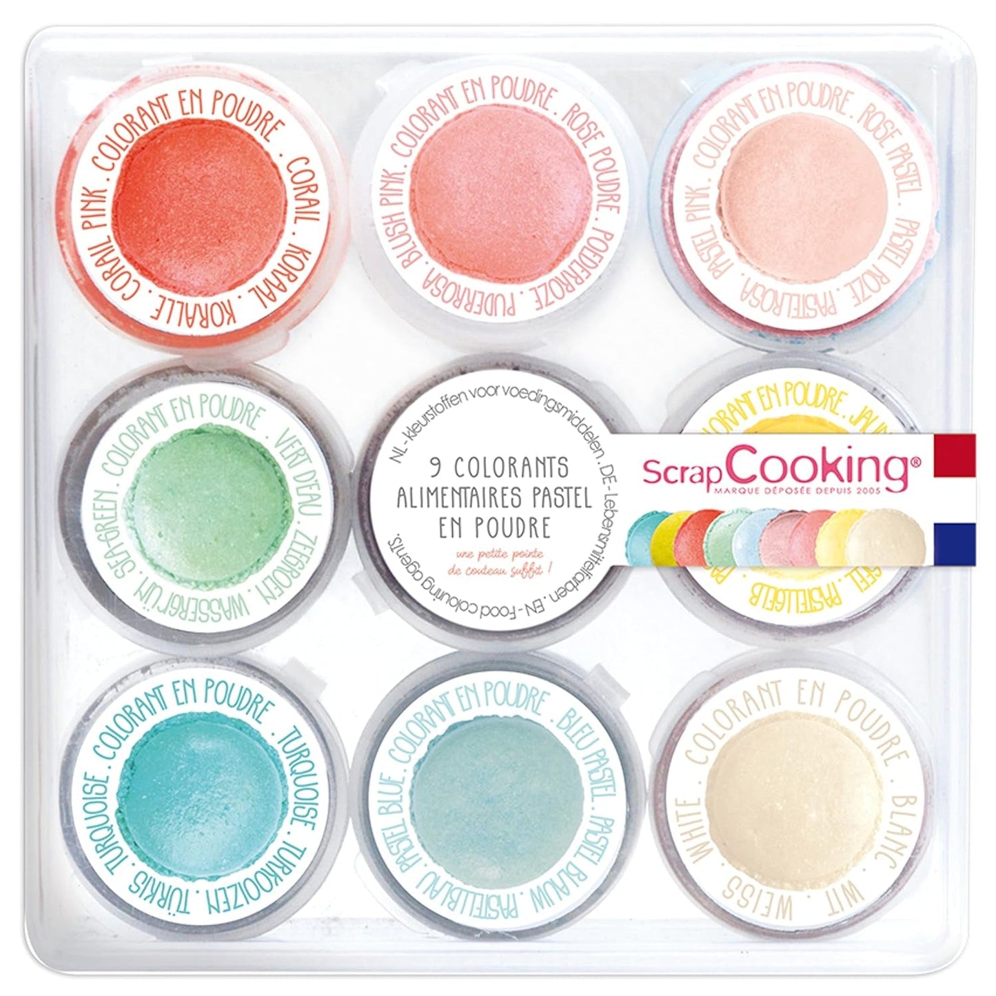 Scrapcooking - Set van 9 pastelkleurstoffen - Blauw, Geel, Koraal, Roze, Turkoois, Limoengroen, Wit, Aquagroen, Poederroze - Eetbare kleurpoeder voor cakes, muffins, macarons - 4272