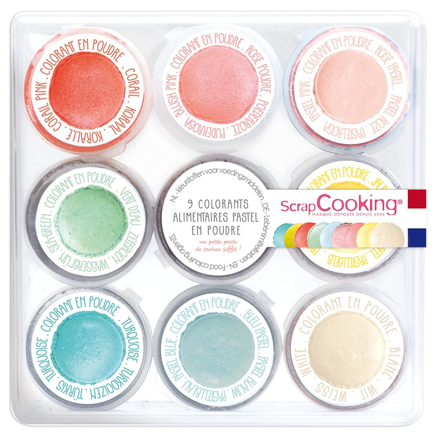Scrapcooking - Set van 9 pastelkleurstoffen - Blauw, Geel, Koraal, Roze, Turkoois, Limoengroen, Wit, Aquagroen, Poederroze - Eetbare kleurpoeder voor cakes, muffins, macarons - 4272