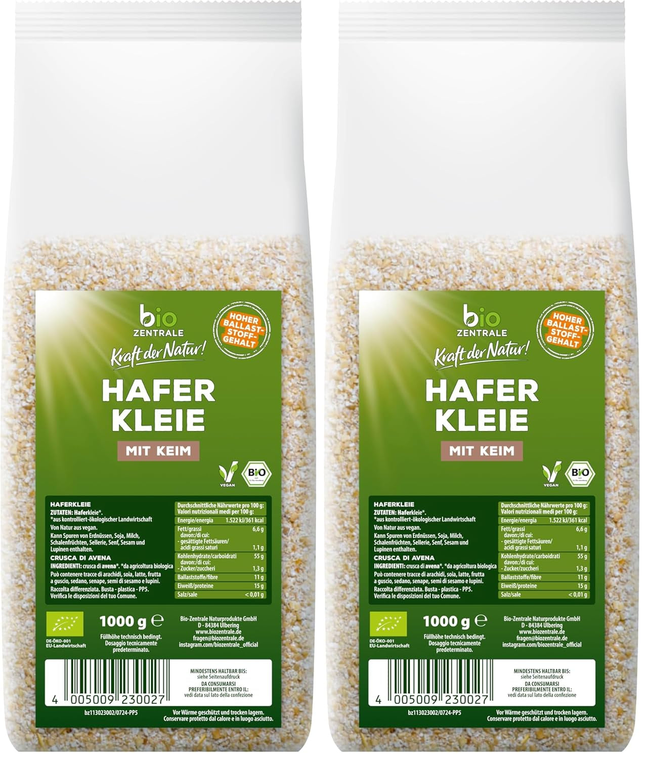 Biocentral biologische haverzemelen 1 kg | Voordelig pakket | Vezelrijke eiwitbron | Natuurlijk veganistisch | Van de EU-landbouw | Laag suikergehalte