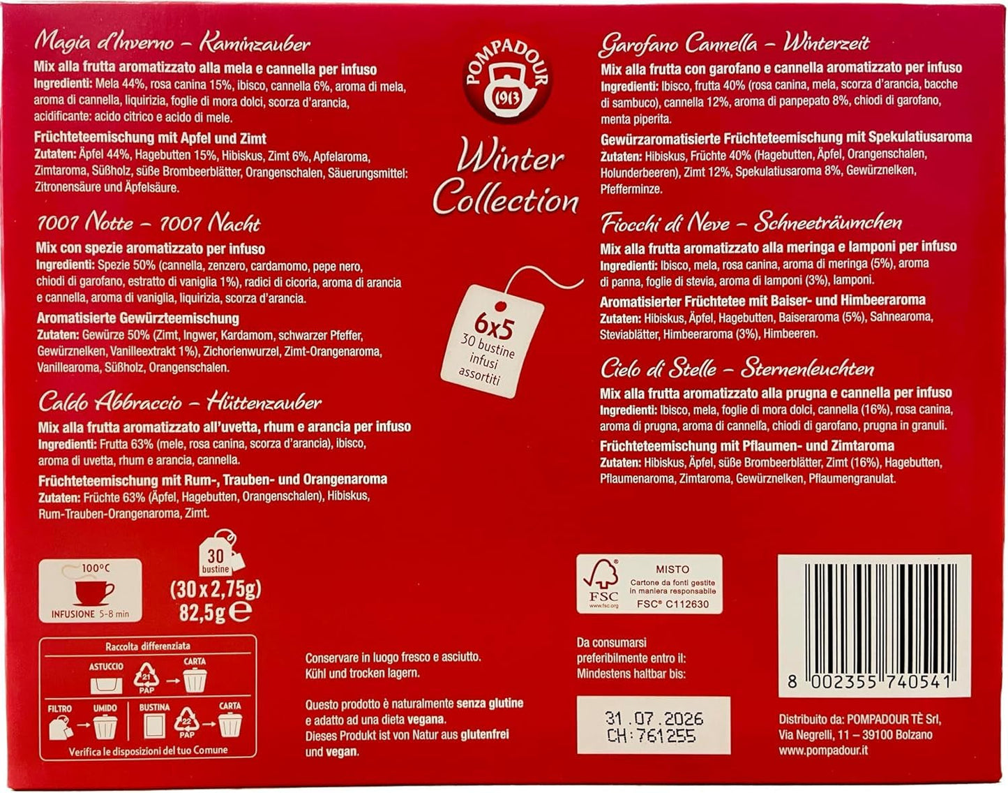 Pompadour 1913 Wintercollectie Assortiment cafeïnevrije fruit- en kruidenthee - 1 x 30 theezakjes (82,5 gram)