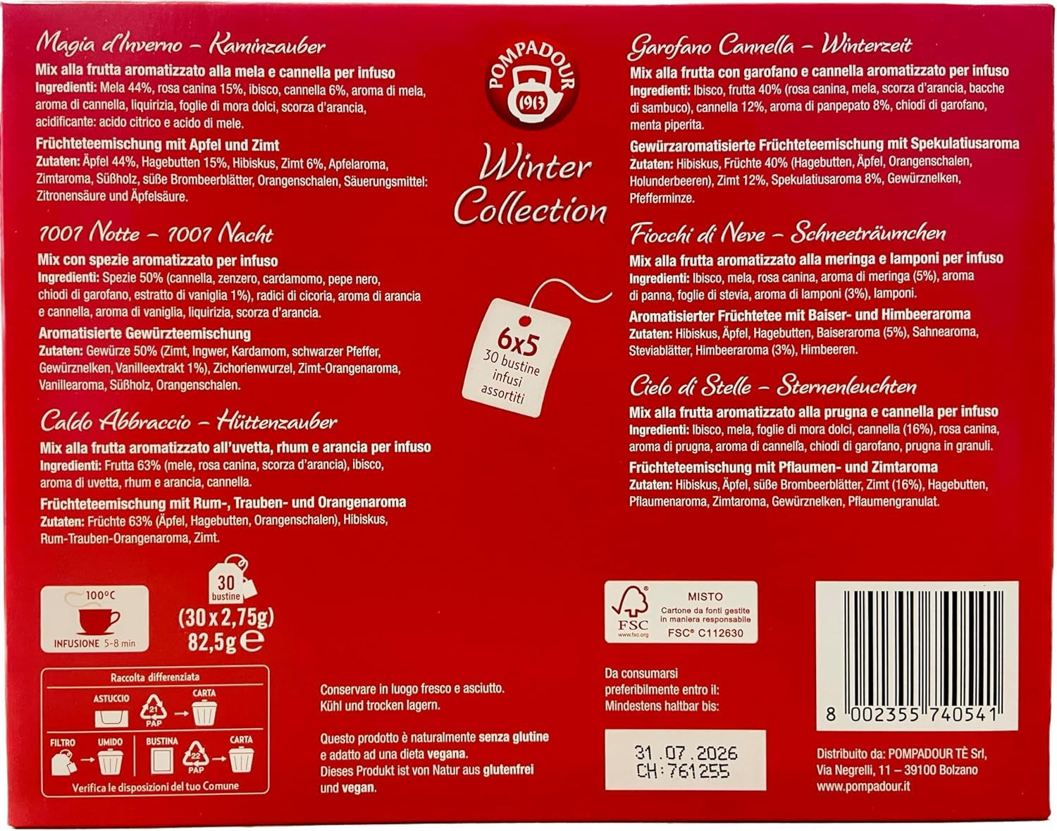 Pompadour 1913 Wintercollectie Assortiment cafeïnevrije fruit- en kruidenthee - 1 x 30 theezakjes (82,5 gram)