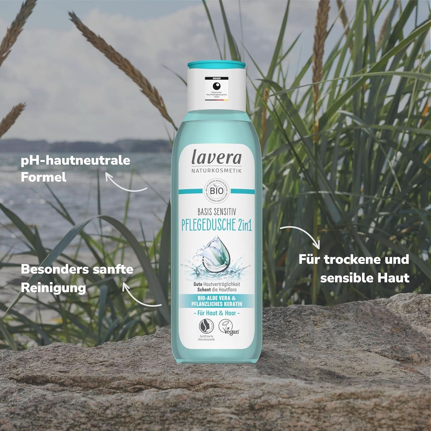 Lavera Care Basis Sensitiv 2 in 1, Shampoo en douchegel met biologische aloë vera en plantaardige keratine, 250 ml Douche en bad Naty Shop