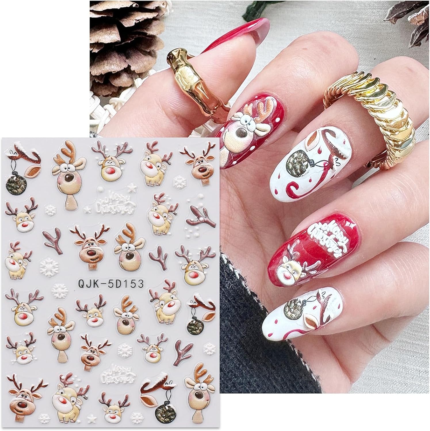 JMEOWIO 3D Nagelsticker Weihnachten Nail Art Sticker Selbstklebend Nagelaufkleber 5D Stereoskopisch Schneeflocke Xmas Winterurlaub Niedlich Decoratie Nageldesign Zubehör 4 Blatt