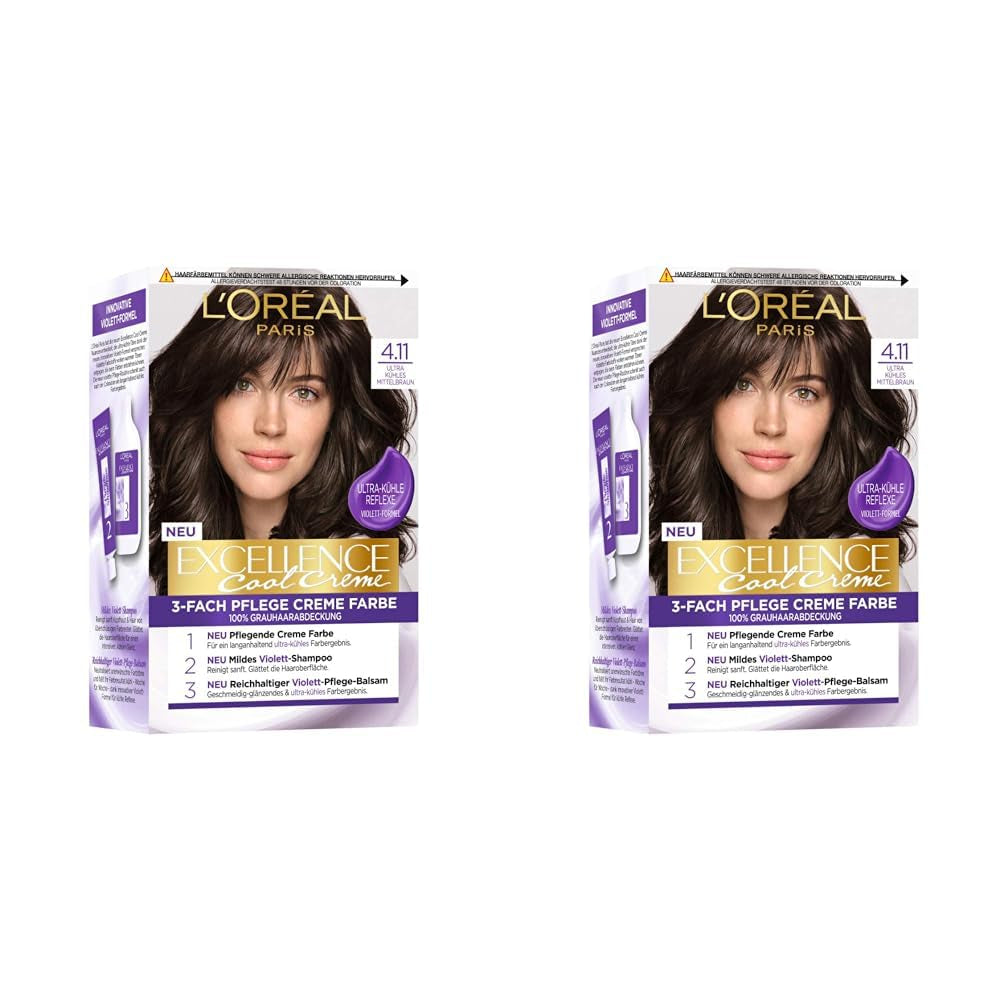 L'Oréal Paris Permanente haarverf met kleurresultaat, 100% dekking van grijs haar, set met kleuring, shampoo en verzorgende crème, Excellence Cool Creme, nr. 4.11 Ultra Cool Medium Bruin (Bruin) Naty Shop Haarverf Standaardtitel