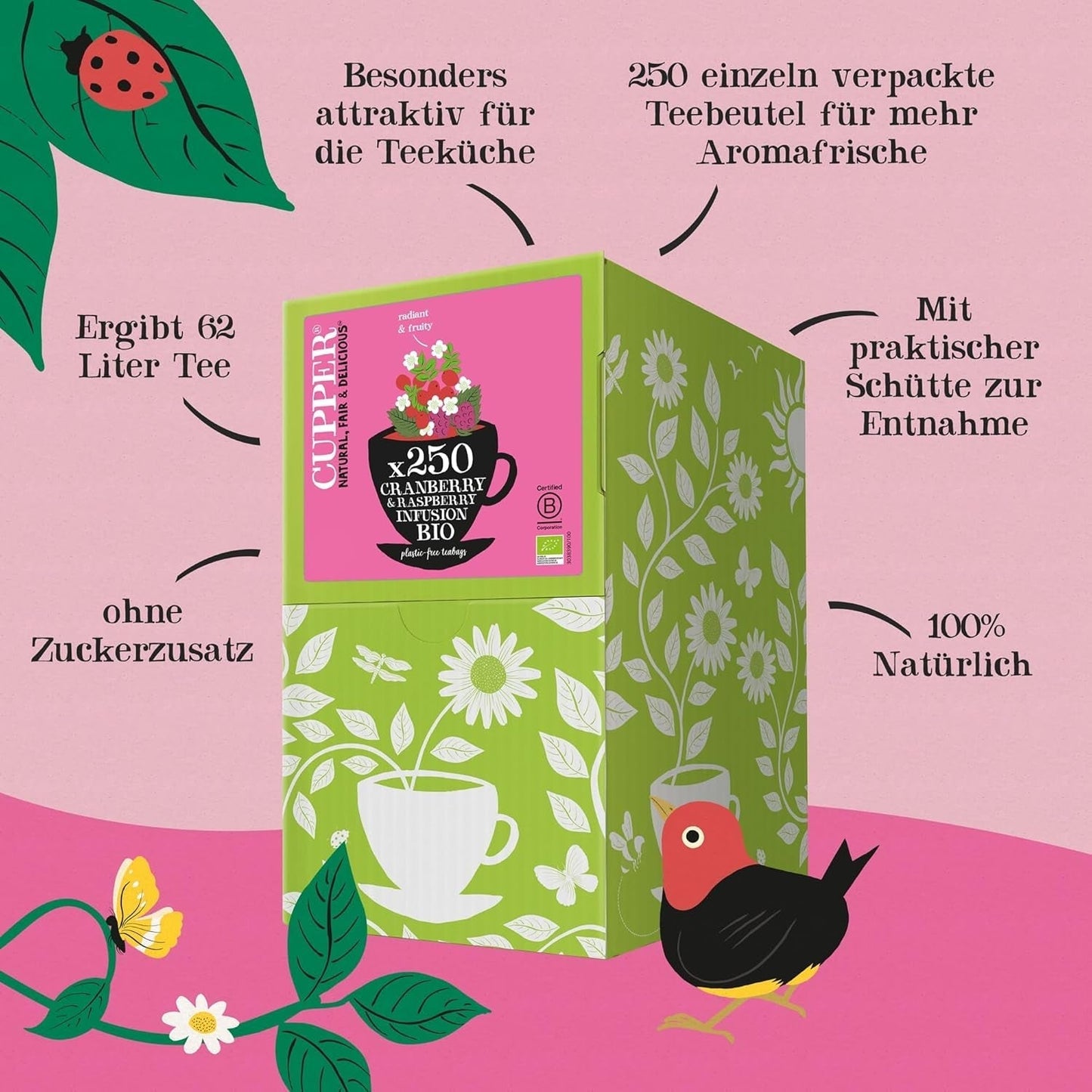 Cupper Biologische fruitthee Cranberry Framboos | Frambozenthee | 250 ongebleekte theezakjes | Groot pakket | Ideaal voor op kantoor | Ecologisch | Eerlijke handel