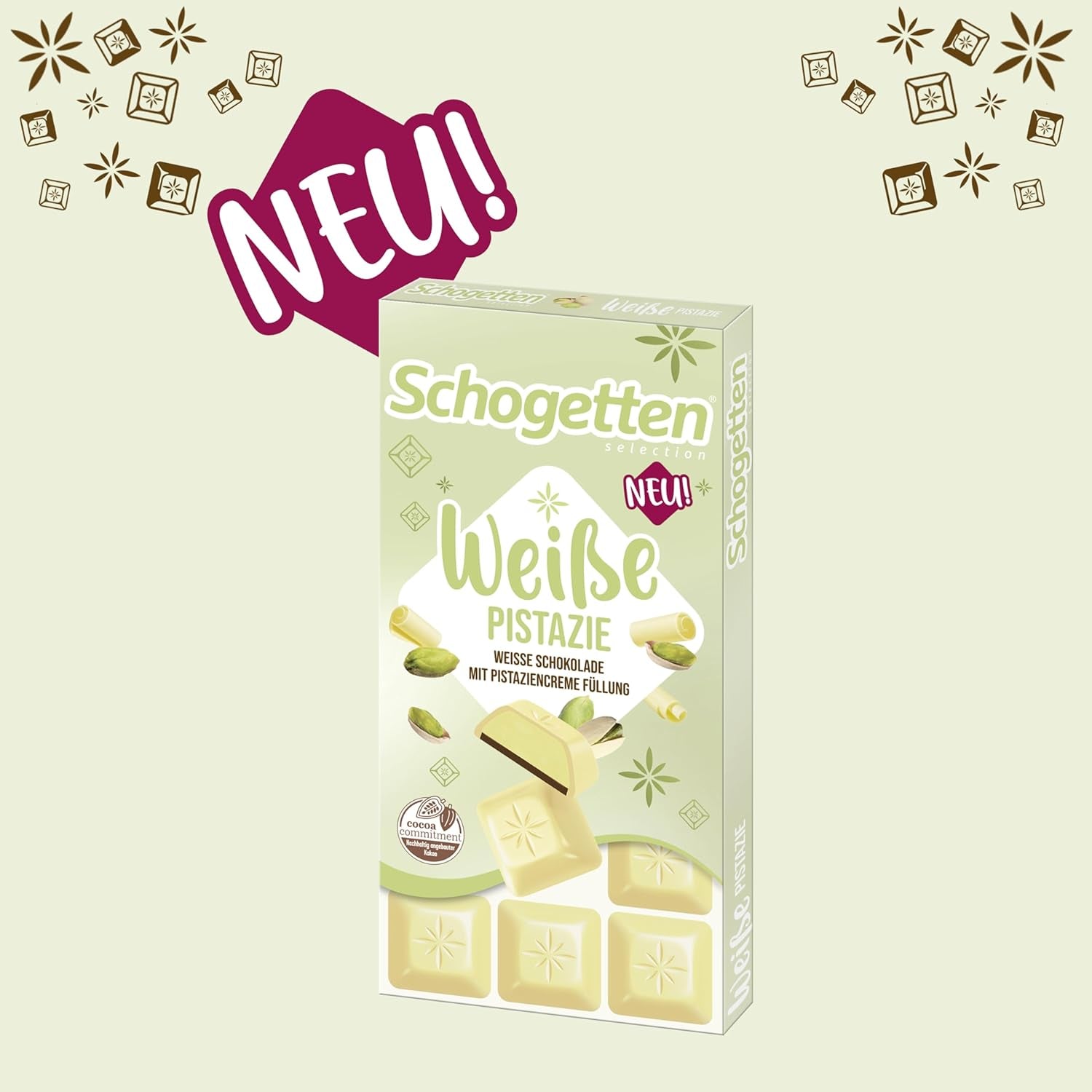 Schogenten Witte Pistache | Witte chocolade met pistachecrèmevulling | 100 gram | Handig geportioneerd (pak van 3)