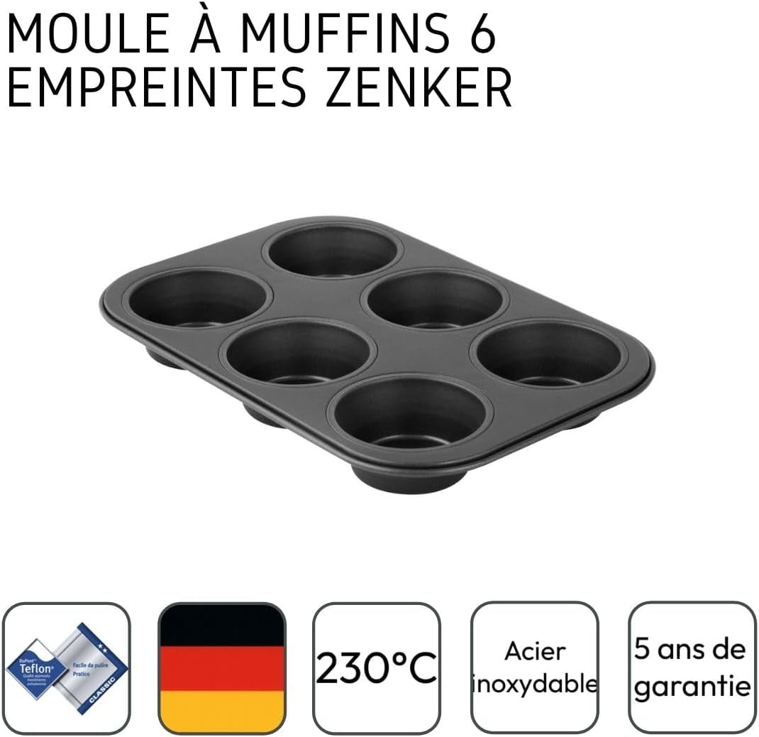 Zenker 6Er Muffinform Zwart Metallic, 275X190X30 Mm, Teflon Classic Antihaftbeschichtung, Hitzebeständig Bis 230°C, Leichte Reinigung, Ideal Für Köstliche Muffins Vormen en bakplaten Naty Shop