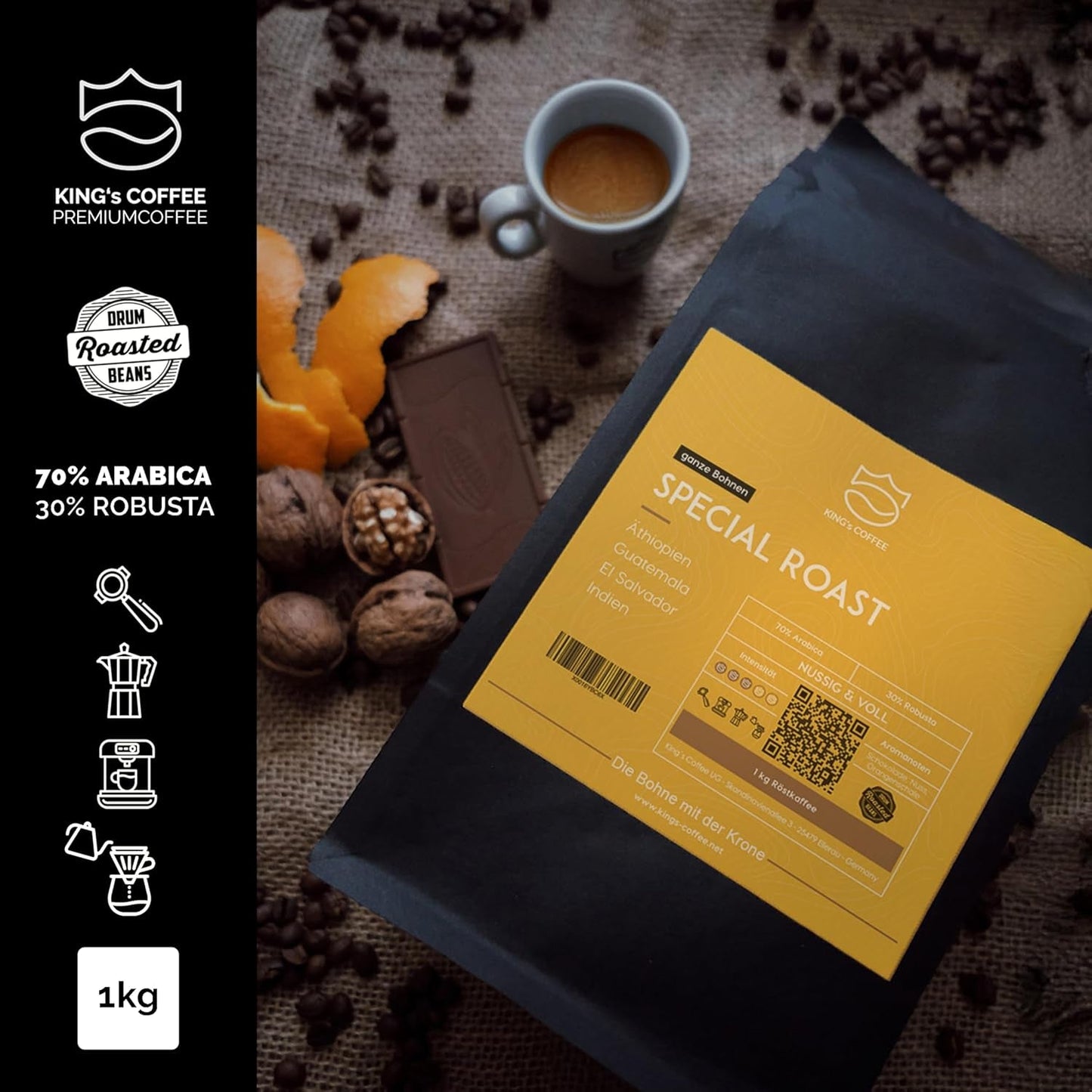 KING'S COFFEE - SPECIAL ROAST - 1 kg Barista Premium Espressobonen - Koffie met lage zuurgraad - Branden in kleine batches in Italië - De beste Arabica-Robusta-mix voor volautomatische machines en portafiltermachines