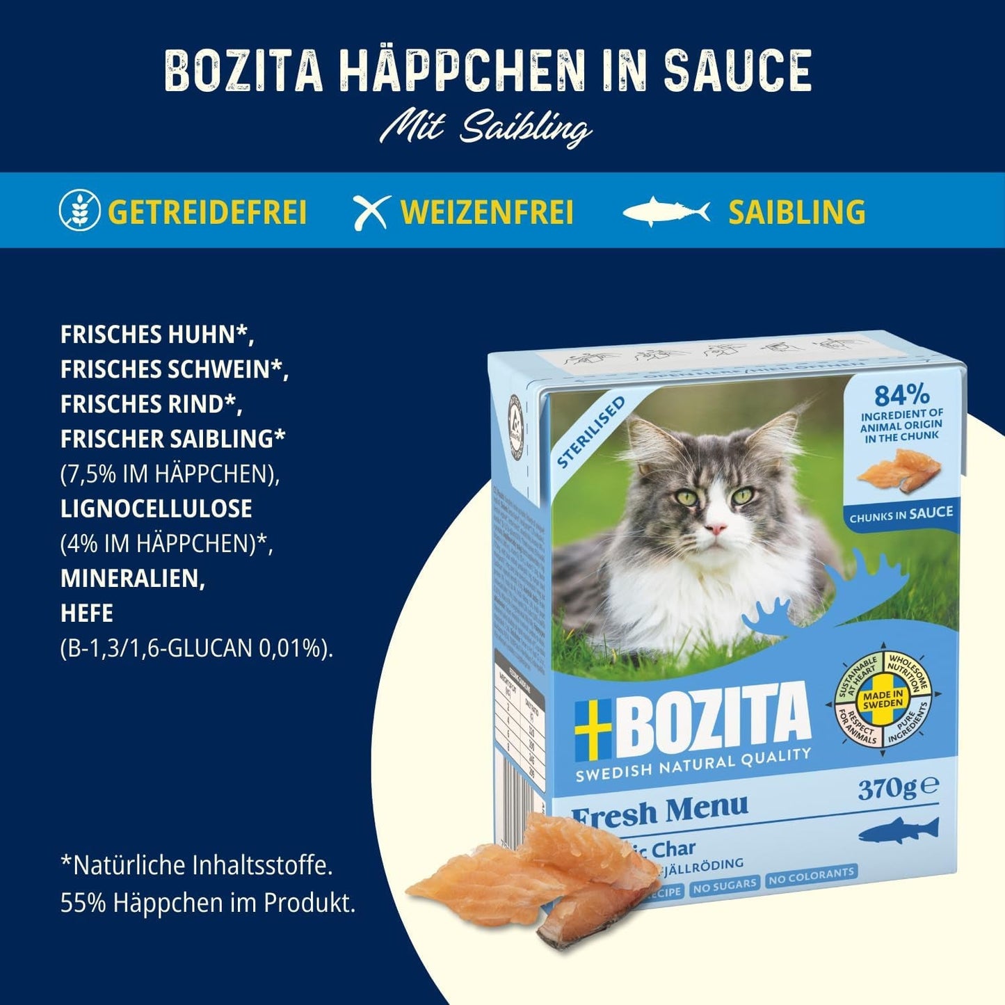 Bozita Tetra Gesteriliseerde stukjes in houtskoolsaus - 6 x 370g Graanvrij en suikervrij natvoer voor katten - non-GMO, met 8,5% eiwit en 4,5% vet - hoge kwaliteit en uiterst smakelijk