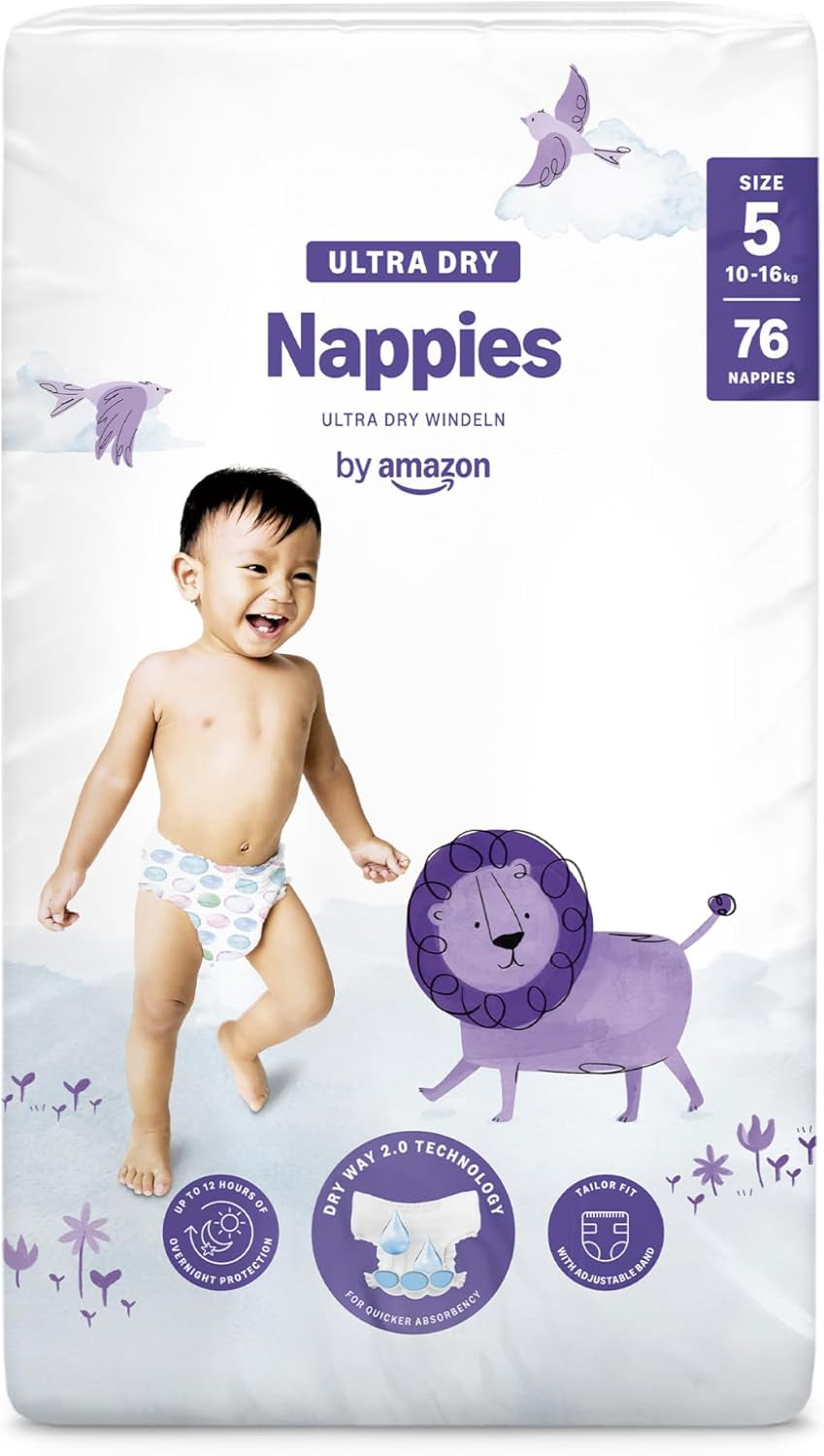 Amazon Ultra Dry-luiers, maat 1 (2-5 kg) - maanddoos, wit, 96 stuks (2 verpakkingen van 48) (voorheen merk Mama Bear, identiek product)