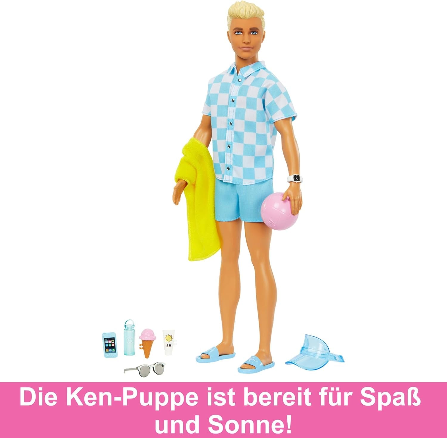 Barbie Ken - Blonde pop met blauw shirt en zwemschort, strandaccessoires en strandbal voor creatief spelen, vanaf 3 jaar, HPL74