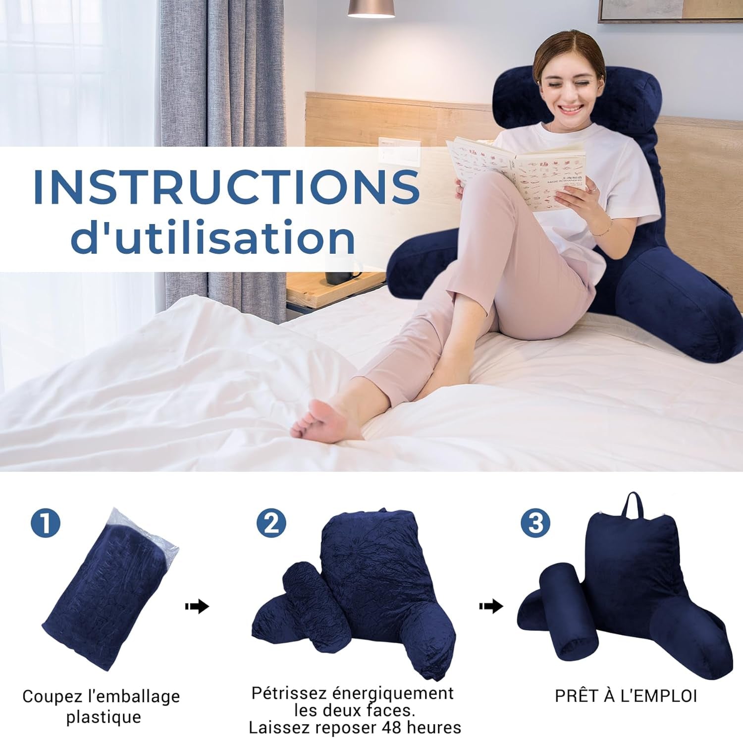 INFANZIA leeskussen met armleuningen, traagschuim, ergonomische ondersteuning voor bank en bed, marineblauw